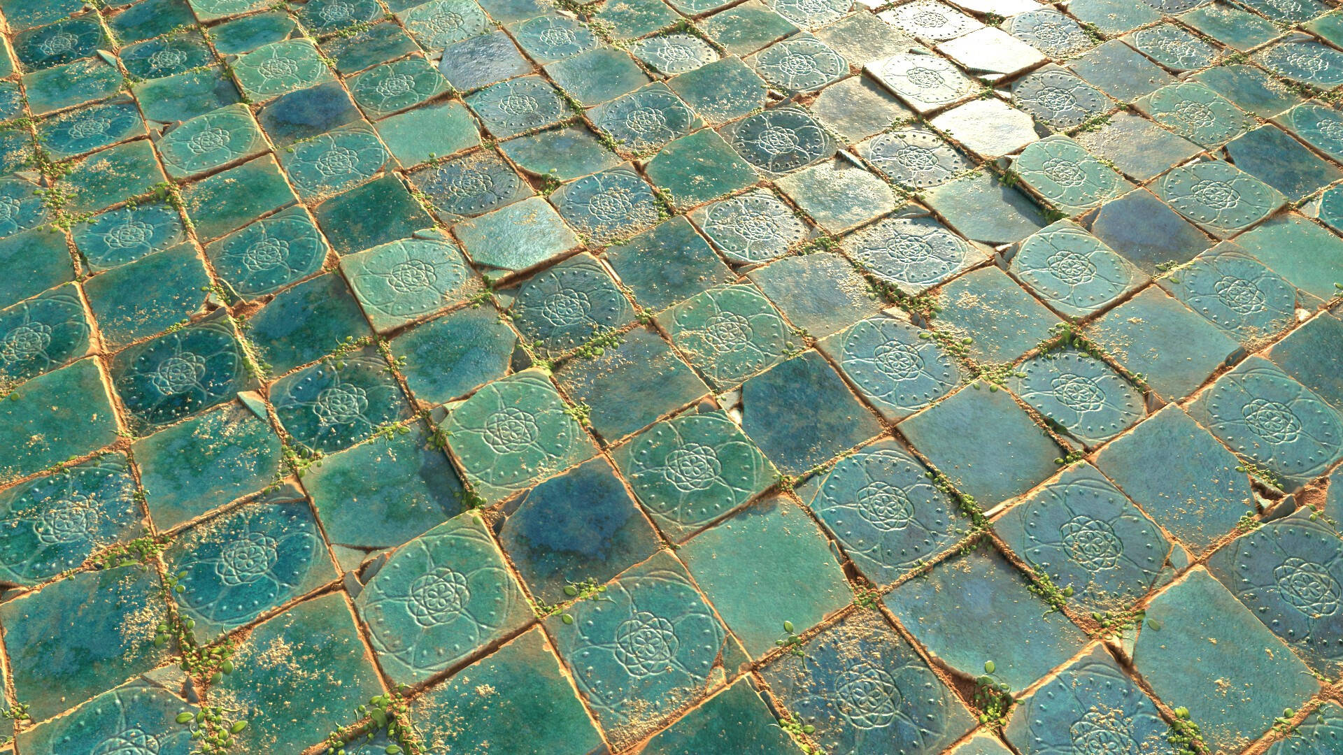 turquoise tiles pattern, teal ceramic tiles, embossed floral patterns, Full HD Desktop Wallpaper