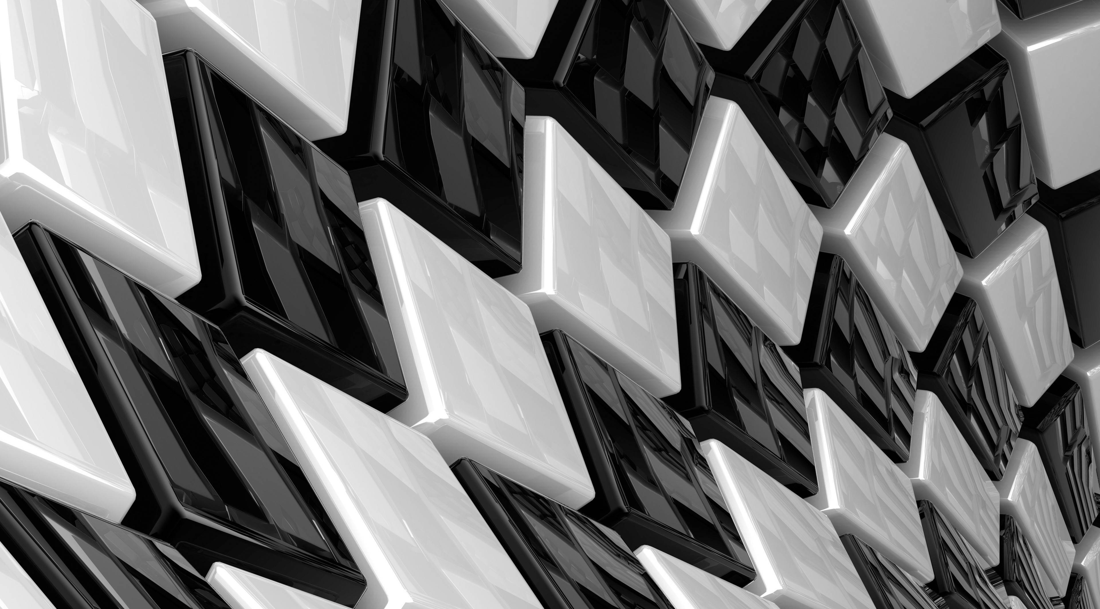3D Shiny Black And White Squares Tiles, glossy cubes, repeating angular grid, 4K Desktop Wallpaper
