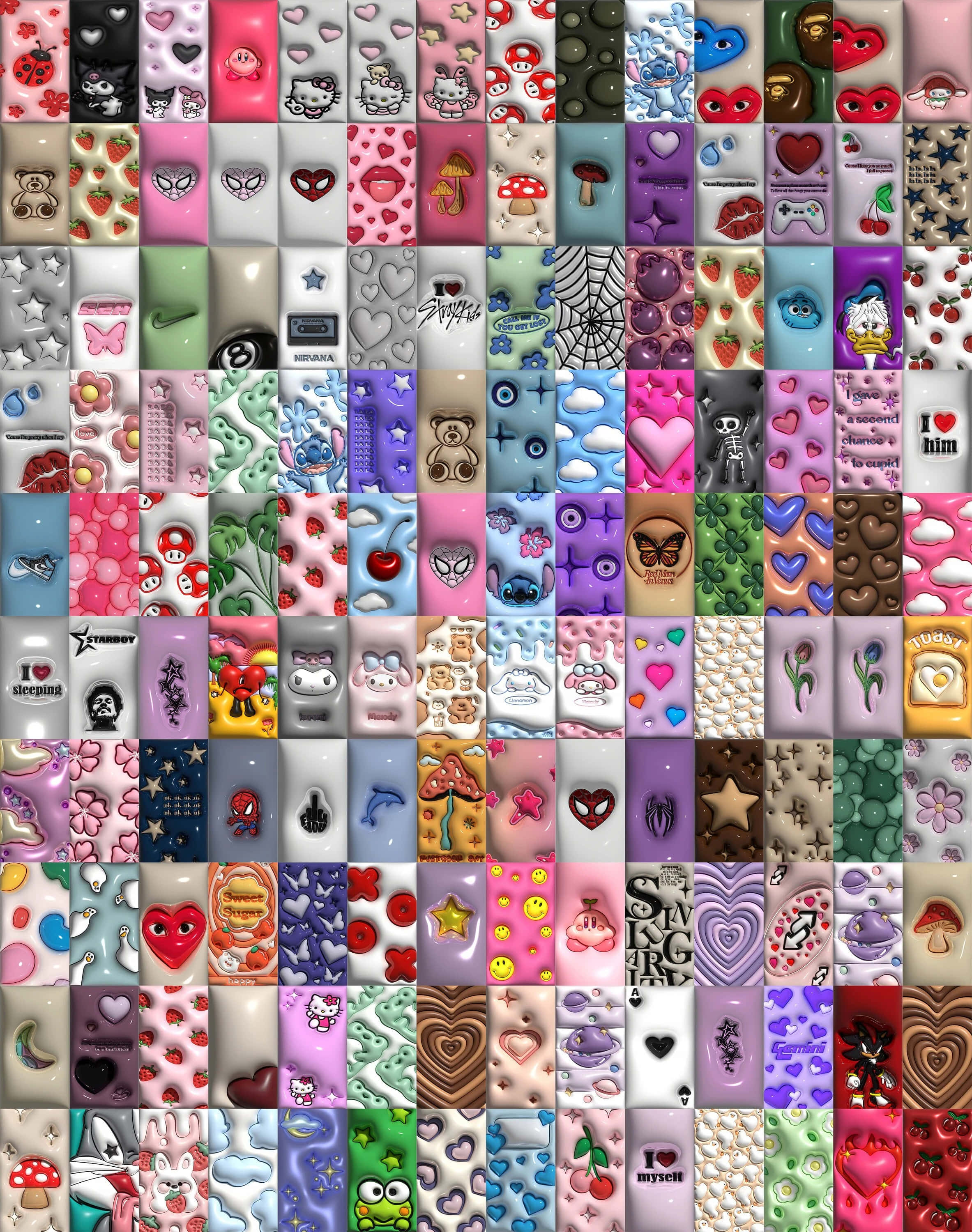 Eclectic3 D Tile Collage, colorful phone wallpaper tiles, cartoon characters, 2K Phone Wallpaper