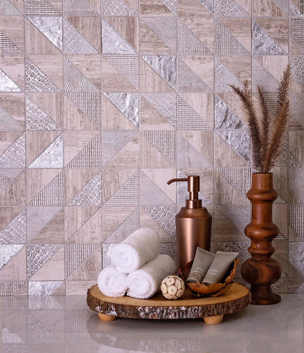 geometric textured tile wall, bathroom vanity, rolled towels, SD Phone Wallpaper