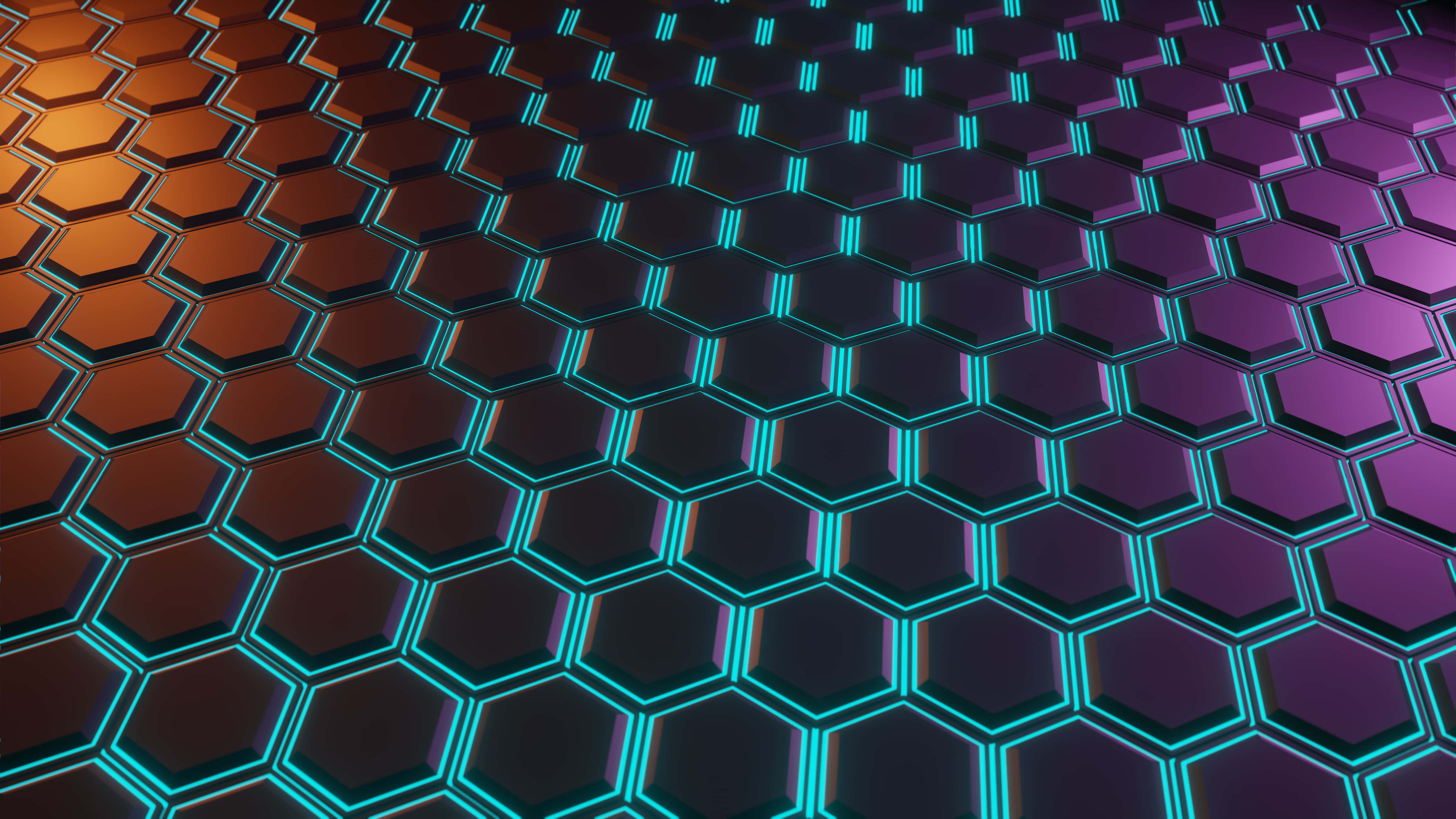 Hexagon Tile, glowing cyan edges, warm orange, 4K Desktop Wallpaper
