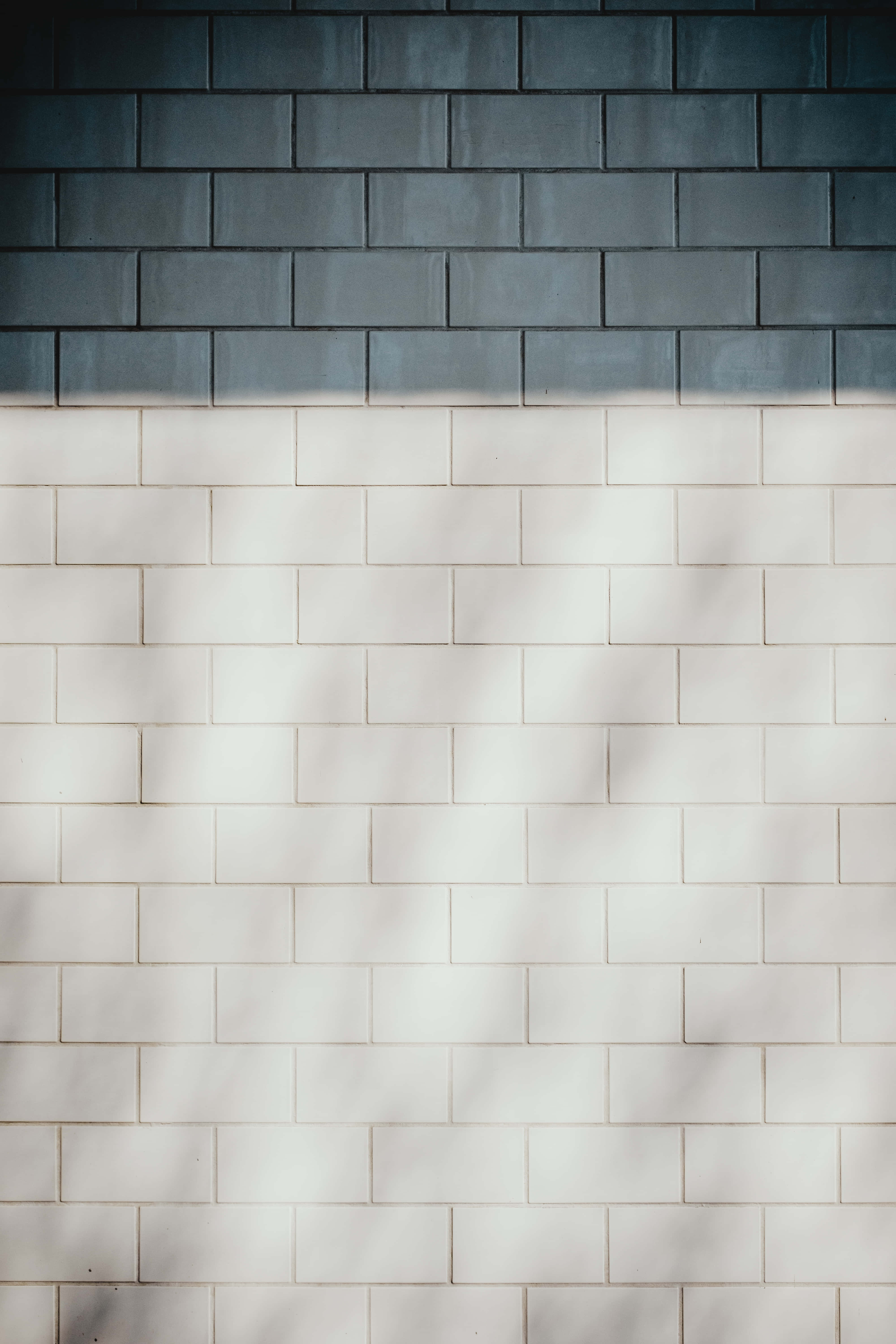 white and blue tile wall, shadow, dark gray and white bricks, 5K Phone Wallpaper