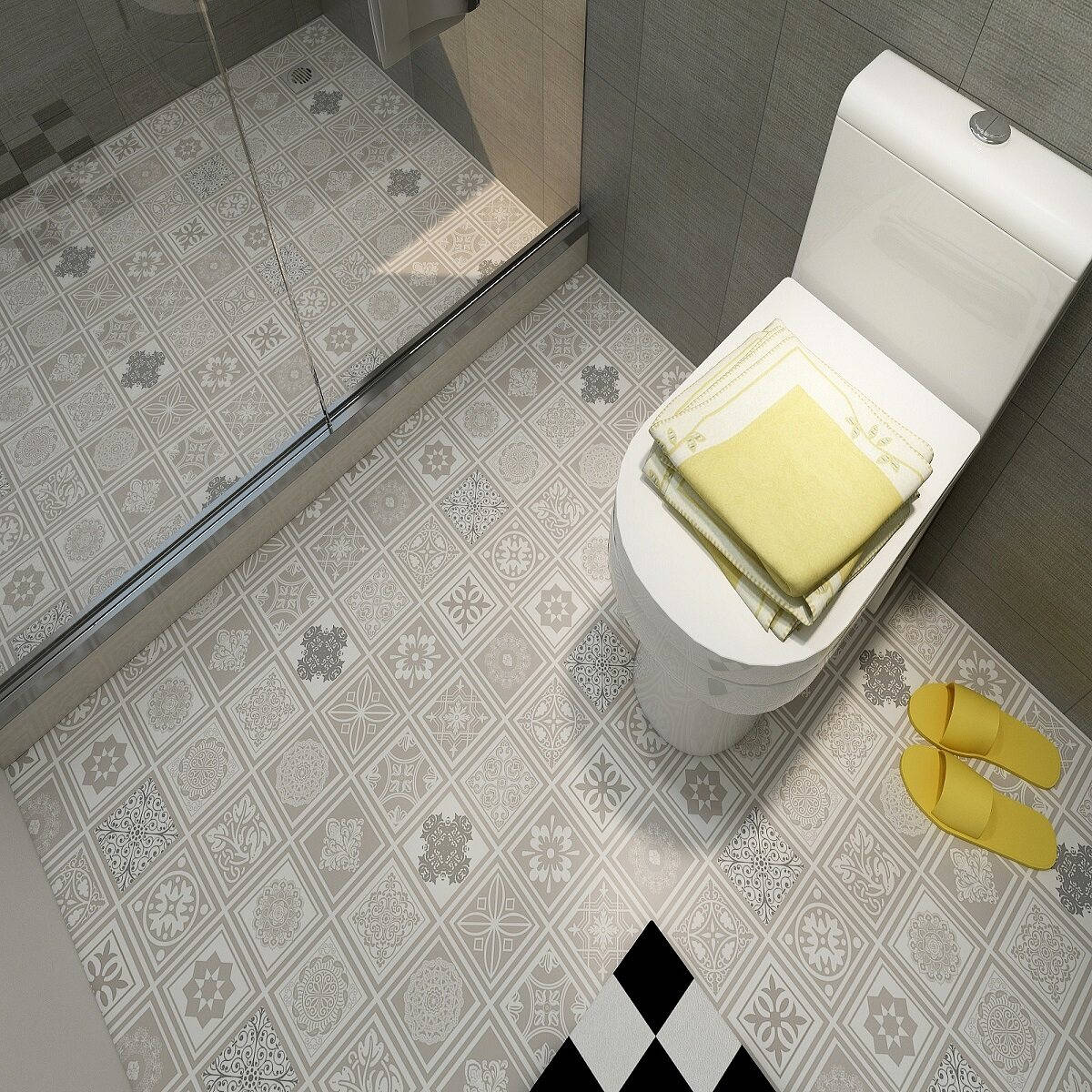 vintage floor tiles, patterned floor tiles, white toilet, SD Desktop Wallpaper