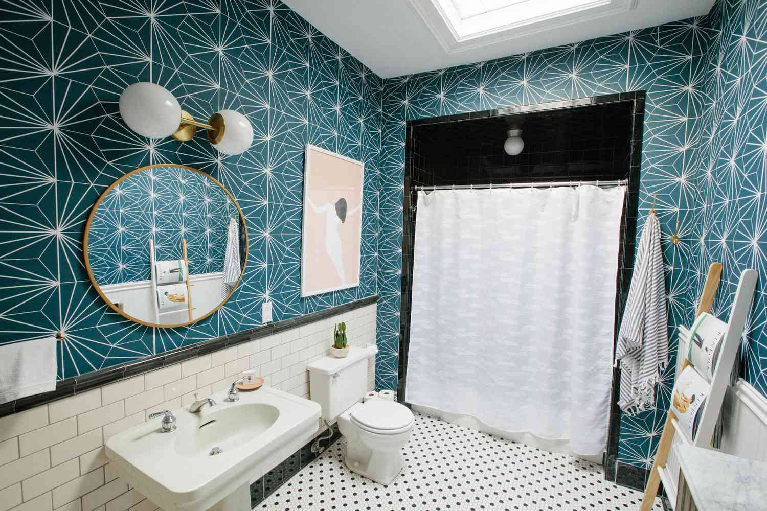 black and white floor tiles, teal geometric wallpaper, white subway tiles, HD Desktop Wallpaper