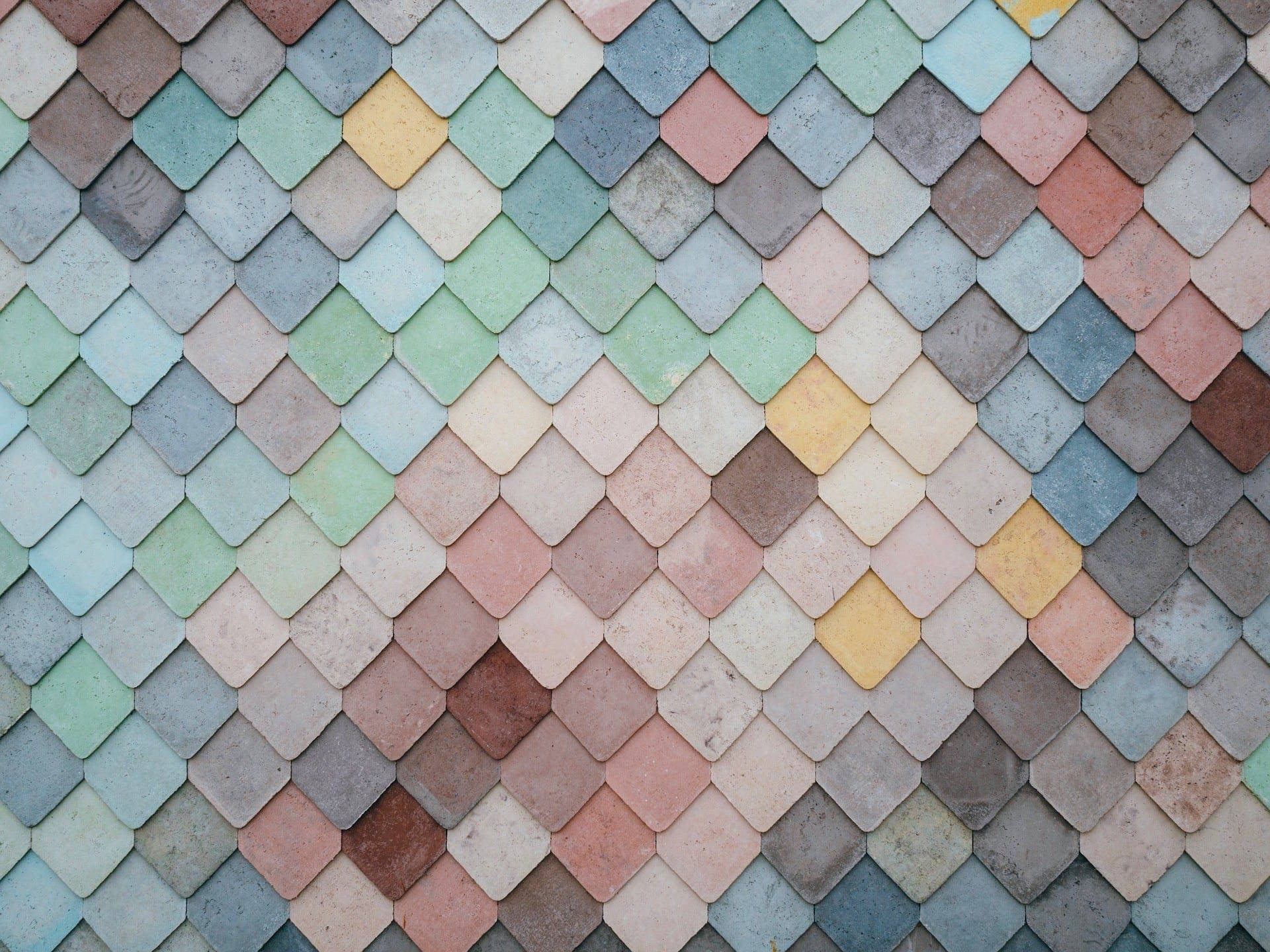pastel mosaic floor tiles, repeating diamond pattern, overlapping pastel-colored tiles, Full HD Desktop Wallpaper