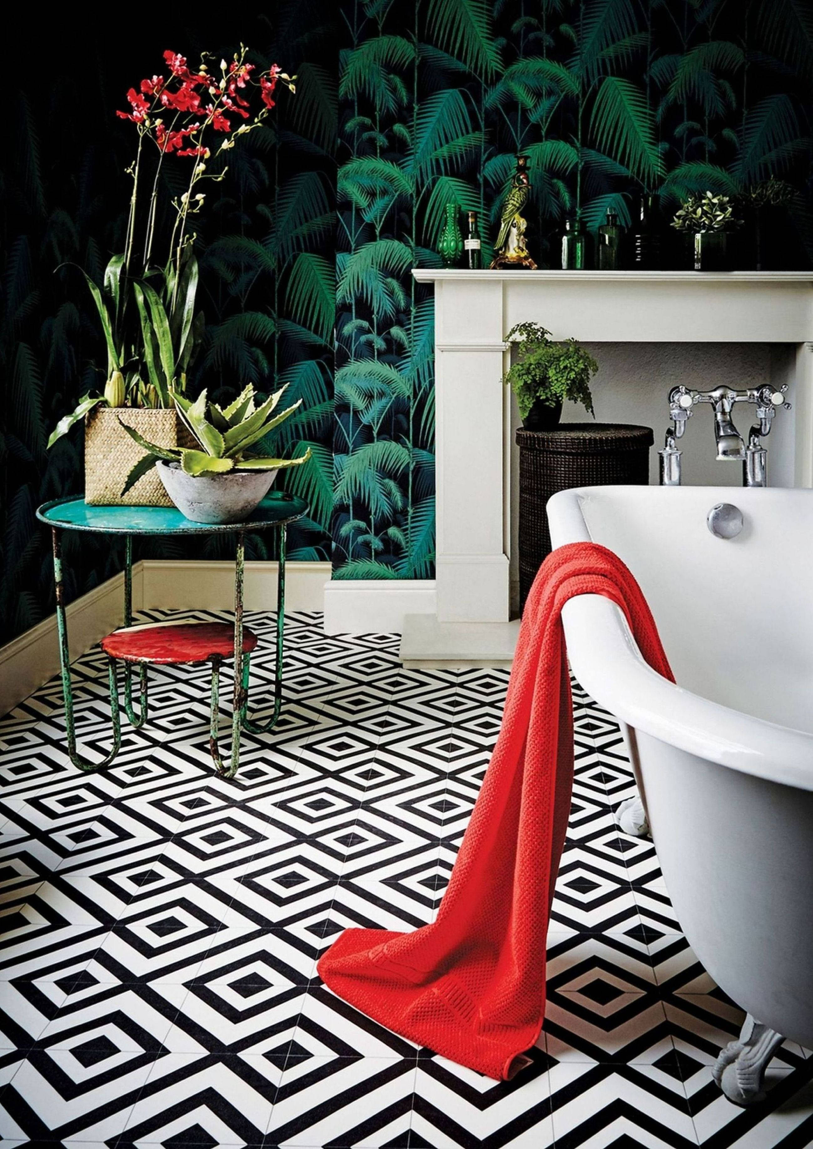 black and white geometric tiles, tropical green wallpaper, vibrant red towel, 2K Phone Wallpaper
