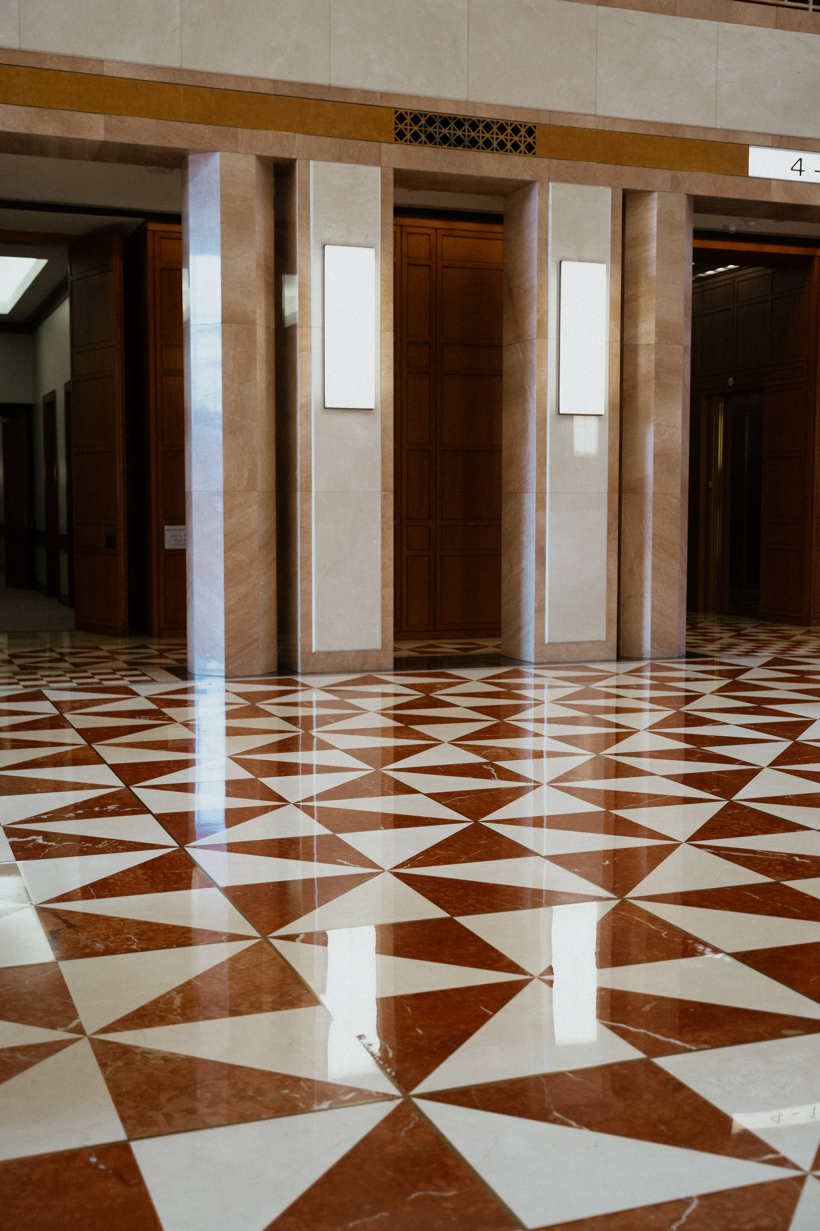 glossy floor tiles, polished marble floor, geometric brown and white triangles, 4K Phone Wallpaper