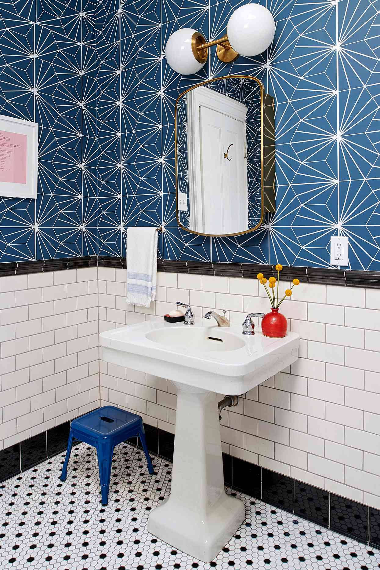 blue geometric wallpaper, white pedestal sink, black and white tiled floor, HD Phone Wallpaper