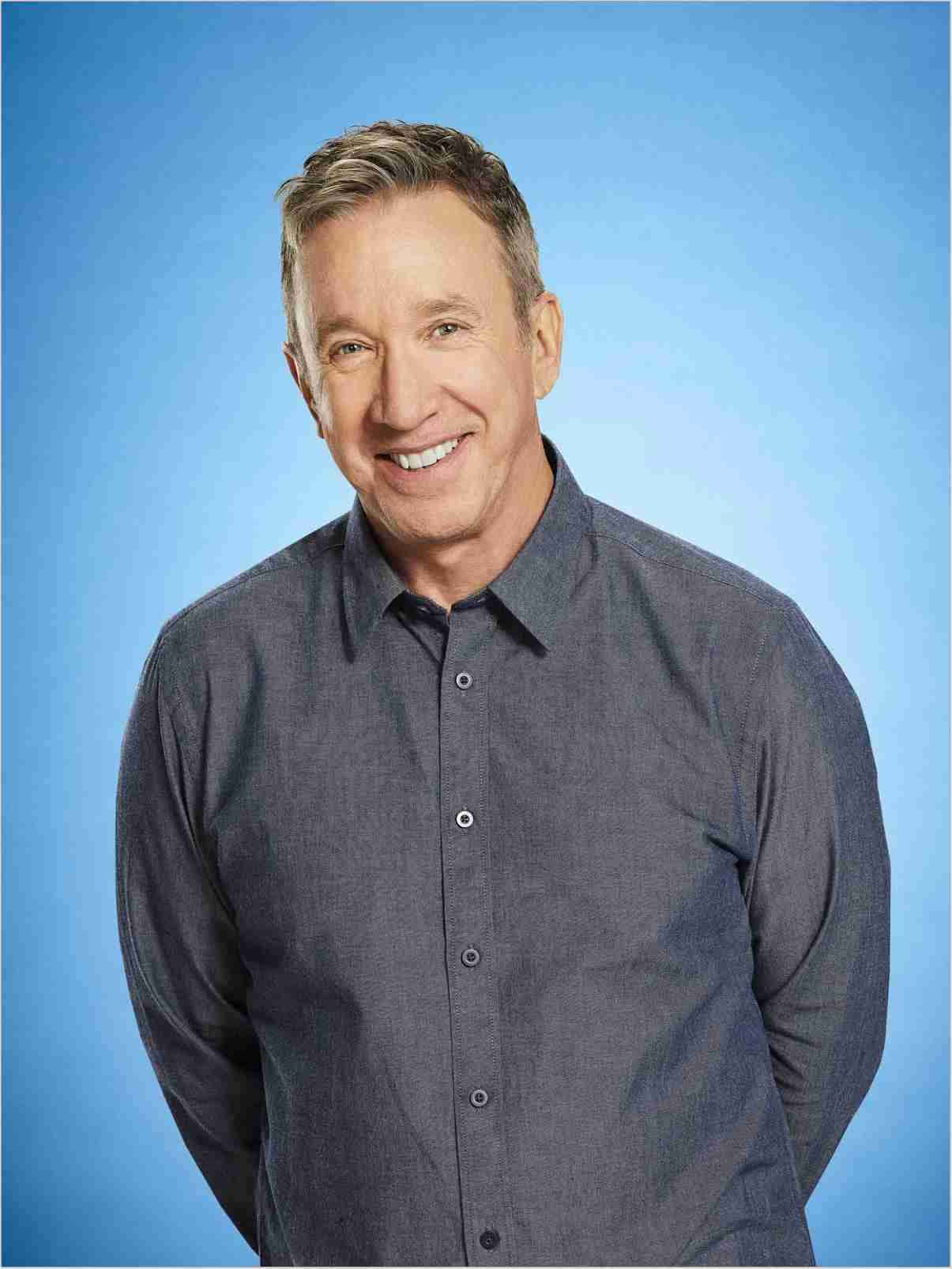 Tim Allen, dark gray button-up shirt, solid blue studio background, HD Phone Wallpaper