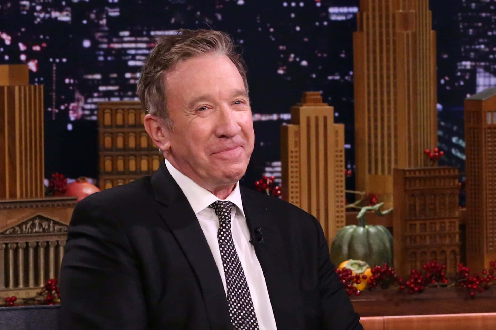 Tim Allen, talk show set, city skyline backdrop, Full HD Desktop Wallpaper
