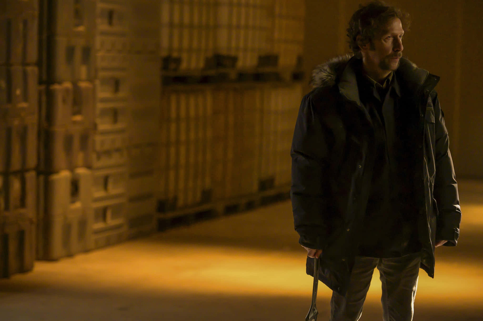 Tim Blake Nelson, dark winter coat, dimly lit warehouse, Full HD Desktop Wallpaper