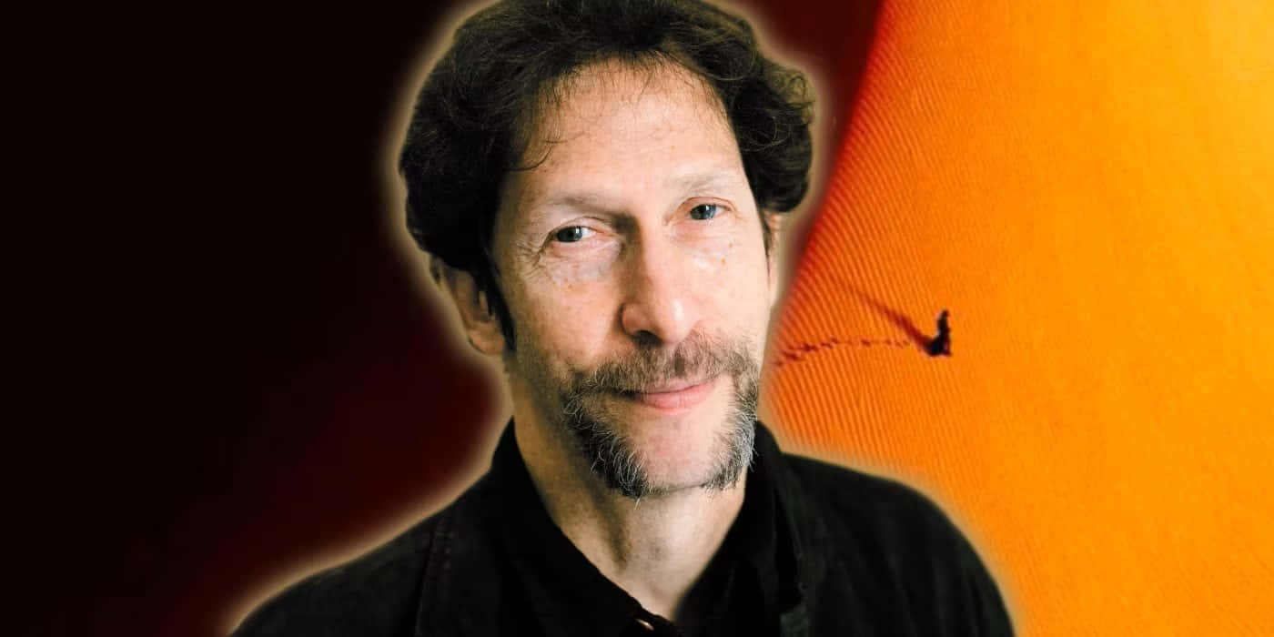 Tim Blake Nelson, dark background, vibrant orange textured panel, HD Desktop Wallpaper