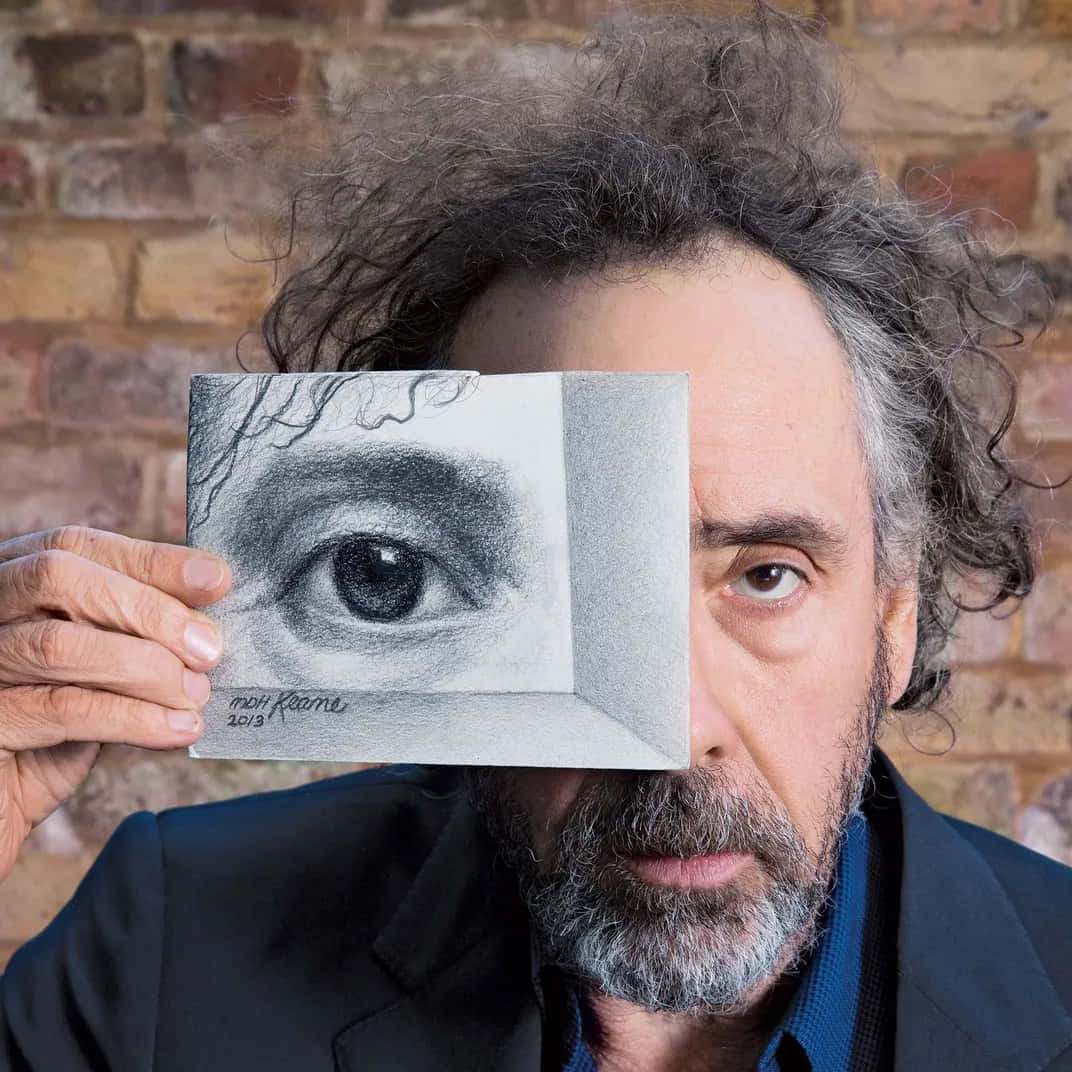 Tim Burton, curly gray hair, pencil drawing of an eye, SD Desktop Wallpaper