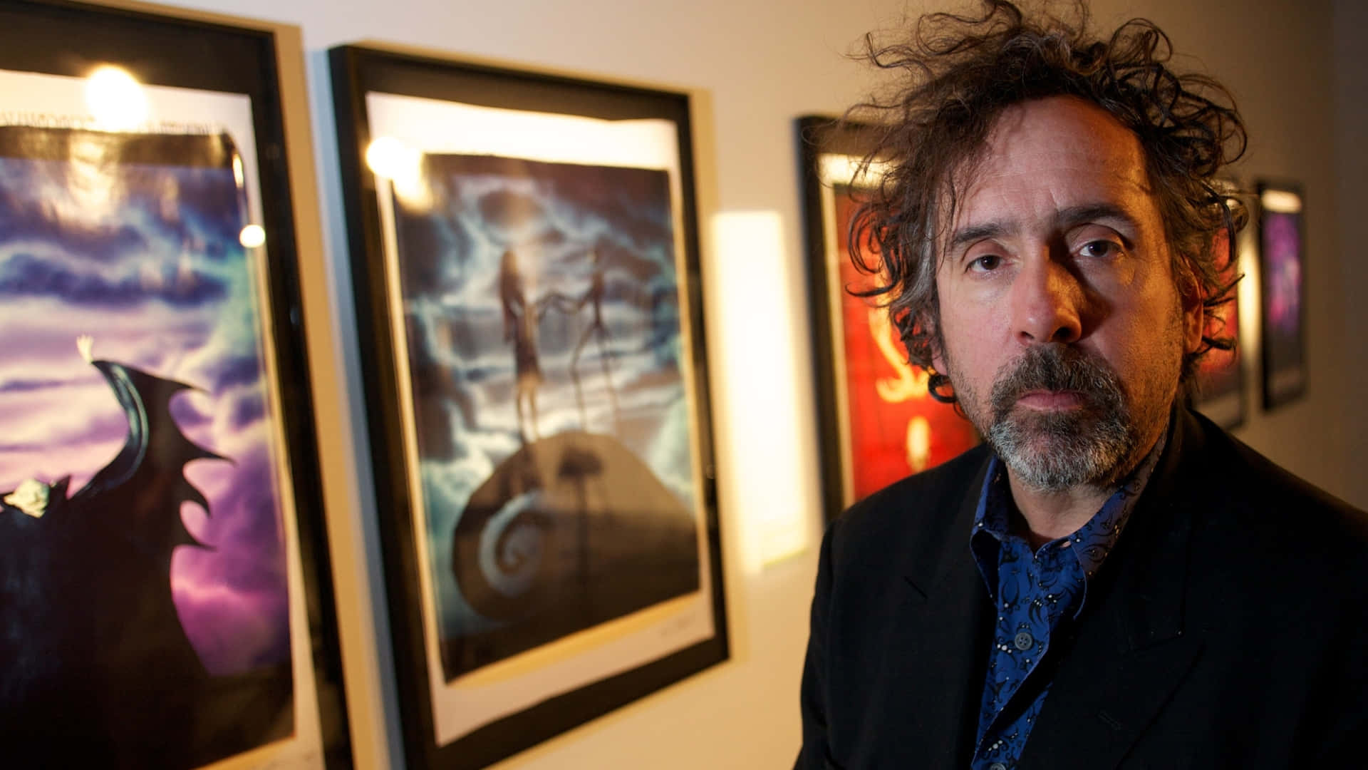 Tim Burton, animated movie posters, warmly lit gallery, Full HD Desktop Wallpaper