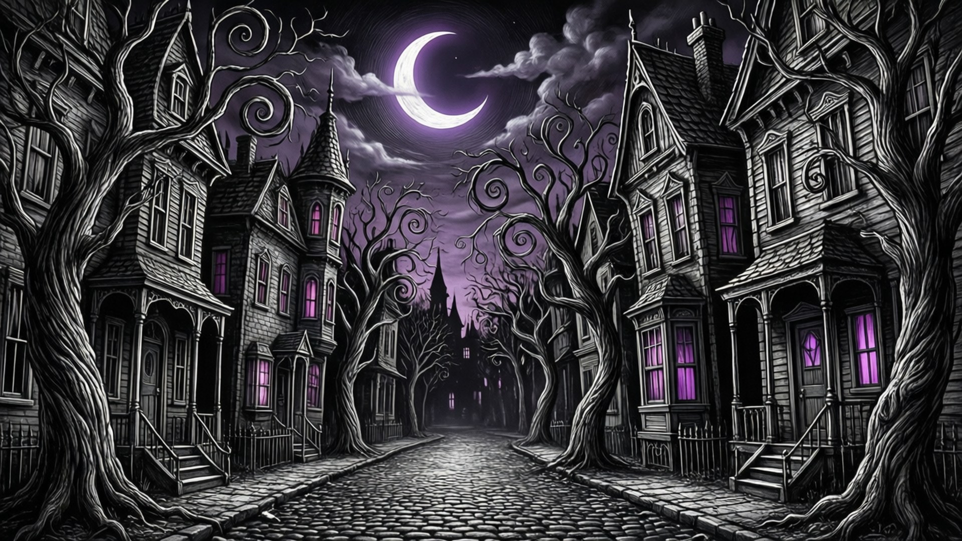Gothic Victorian Night, cobblestone street, twisted trees, Full HD Desktop Wallpaper