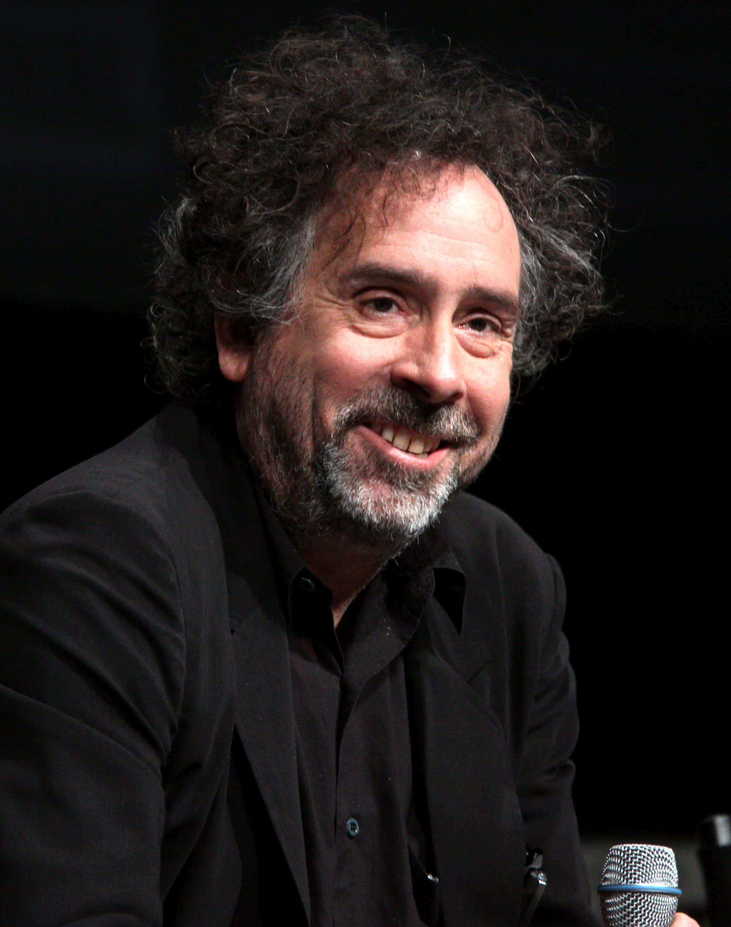 Tim Burton, microphone, dark background, 2K Phone Wallpaper
