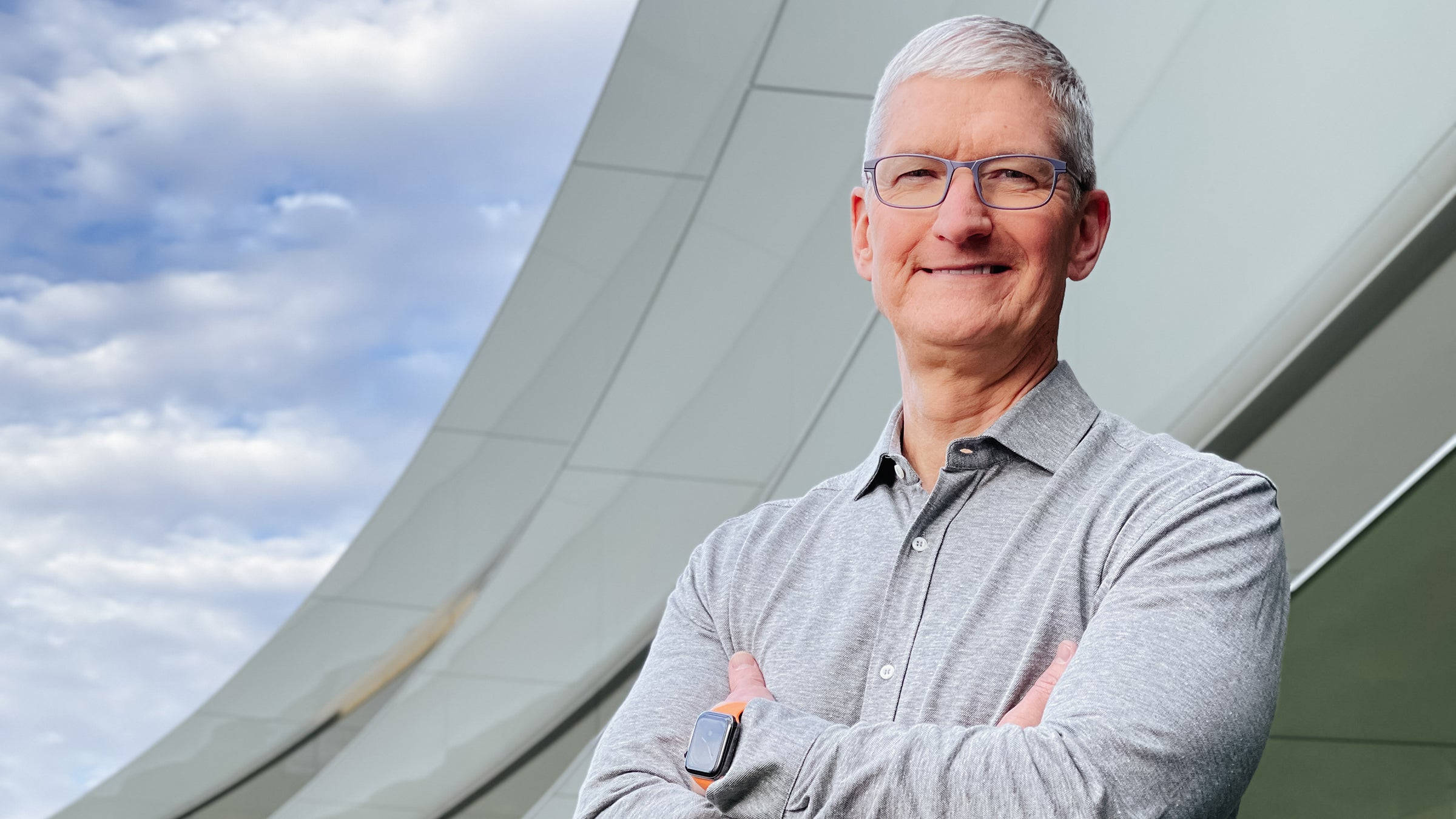 Tim Cook, modern curved building, partly cloudy sky, Full HD Desktop Wallpaper