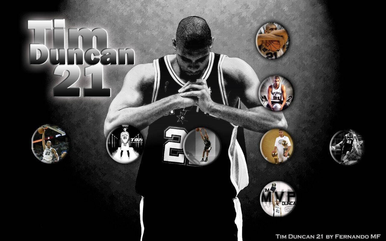 Tim Duncan, black and white basketball jersey, hands clasped, HD Desktop Wallpaper
