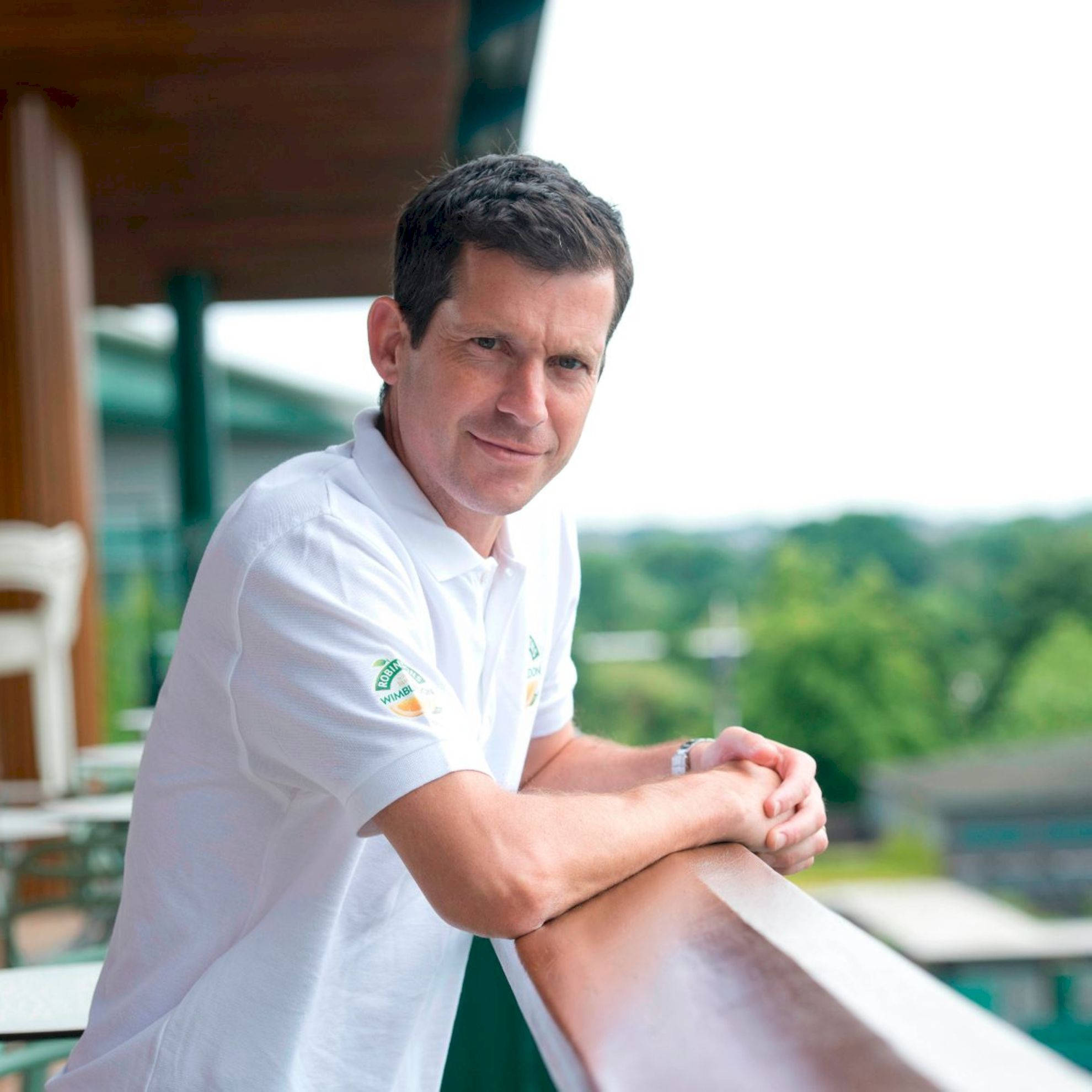 Tim Henman, white polo shirt, wooden railing, Full HD Desktop Wallpaper