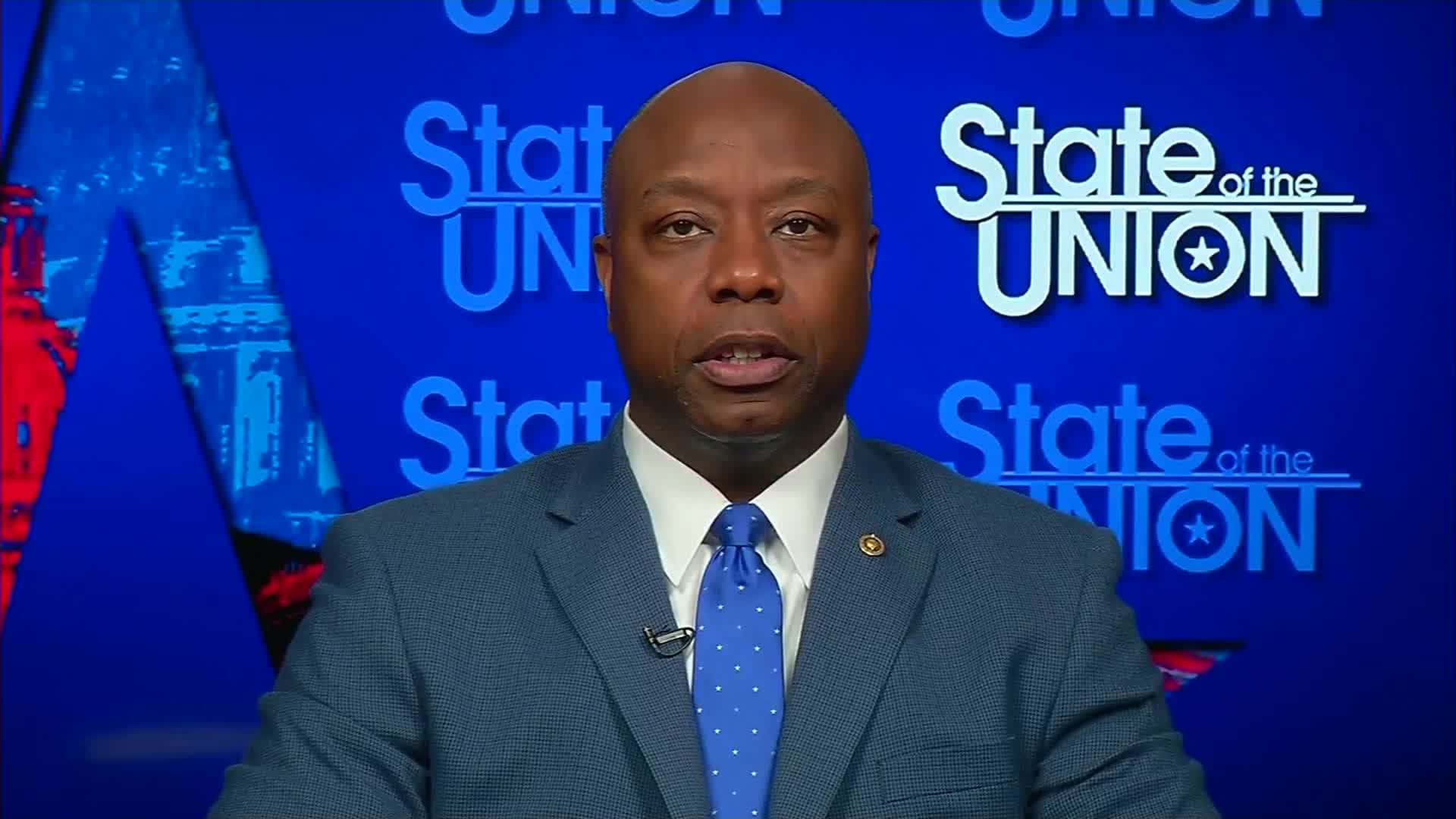 Tim Scott, blue 'State of the Union' broadcast set, gray suit, Full HD Desktop Wallpaper