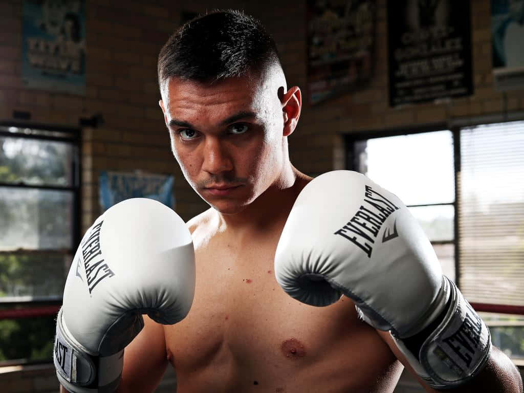 Tim Tszyu, white Everlast gloves, brick-walled gym, SD Desktop Wallpaper