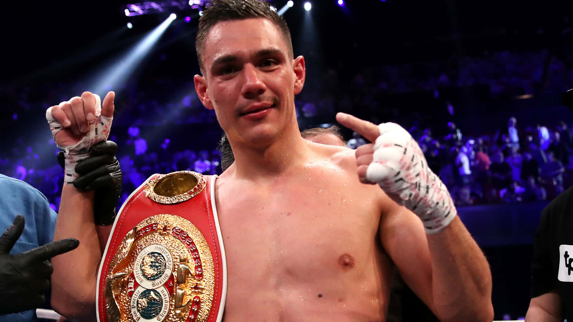 Tim Tszyu, red championship belt, bright arena lights, Full HD Desktop Wallpaper