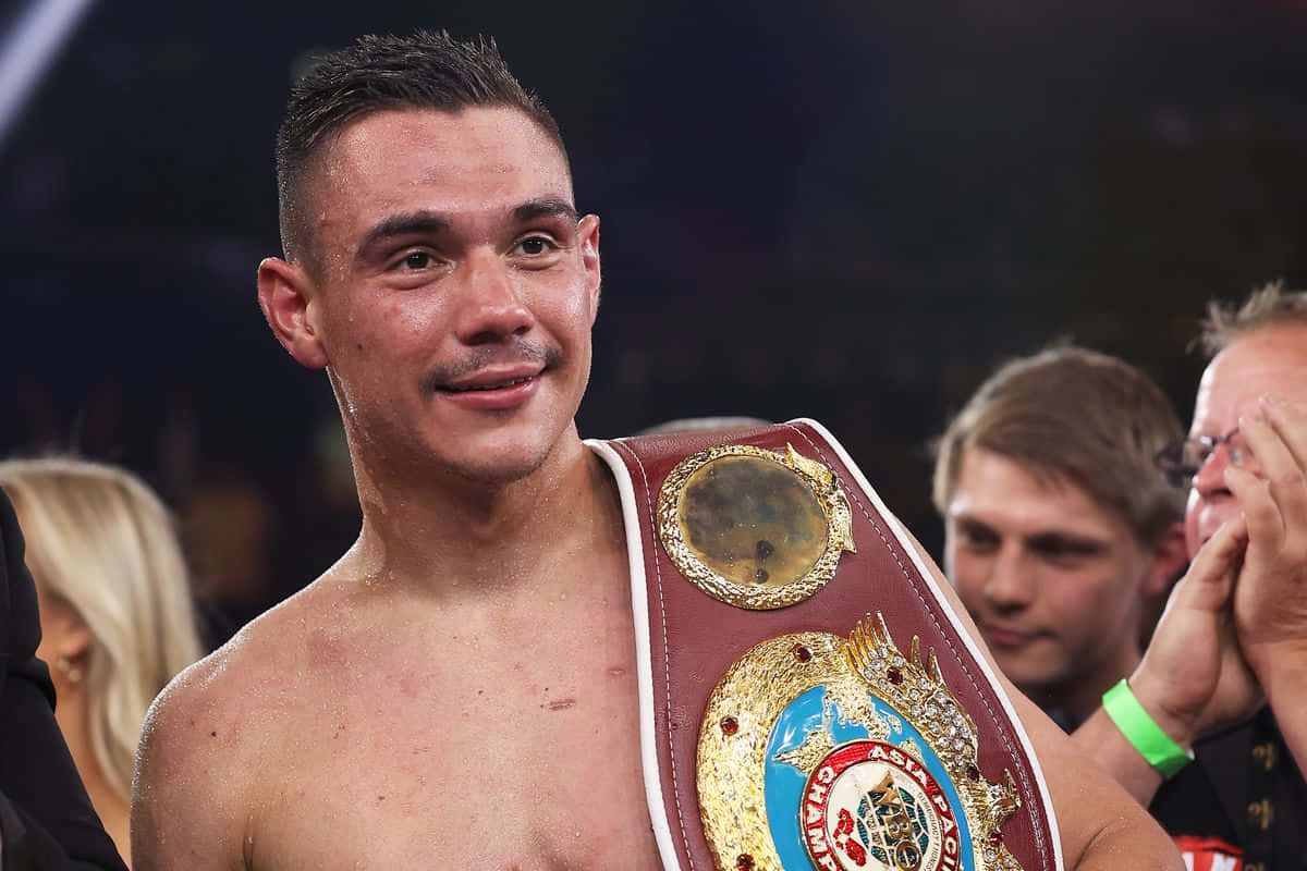 Tim Tszyu, championship belt, dimly lit arena, SD Desktop Wallpaper
