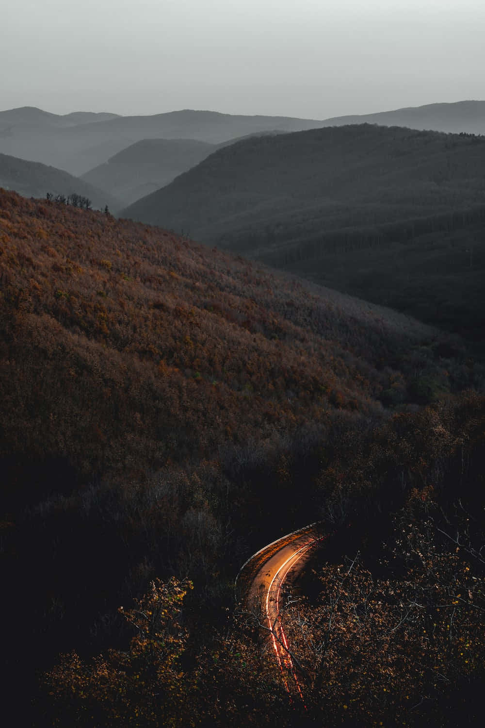 night sky, winding road, misty autumn hills, HD Phone Wallpaper