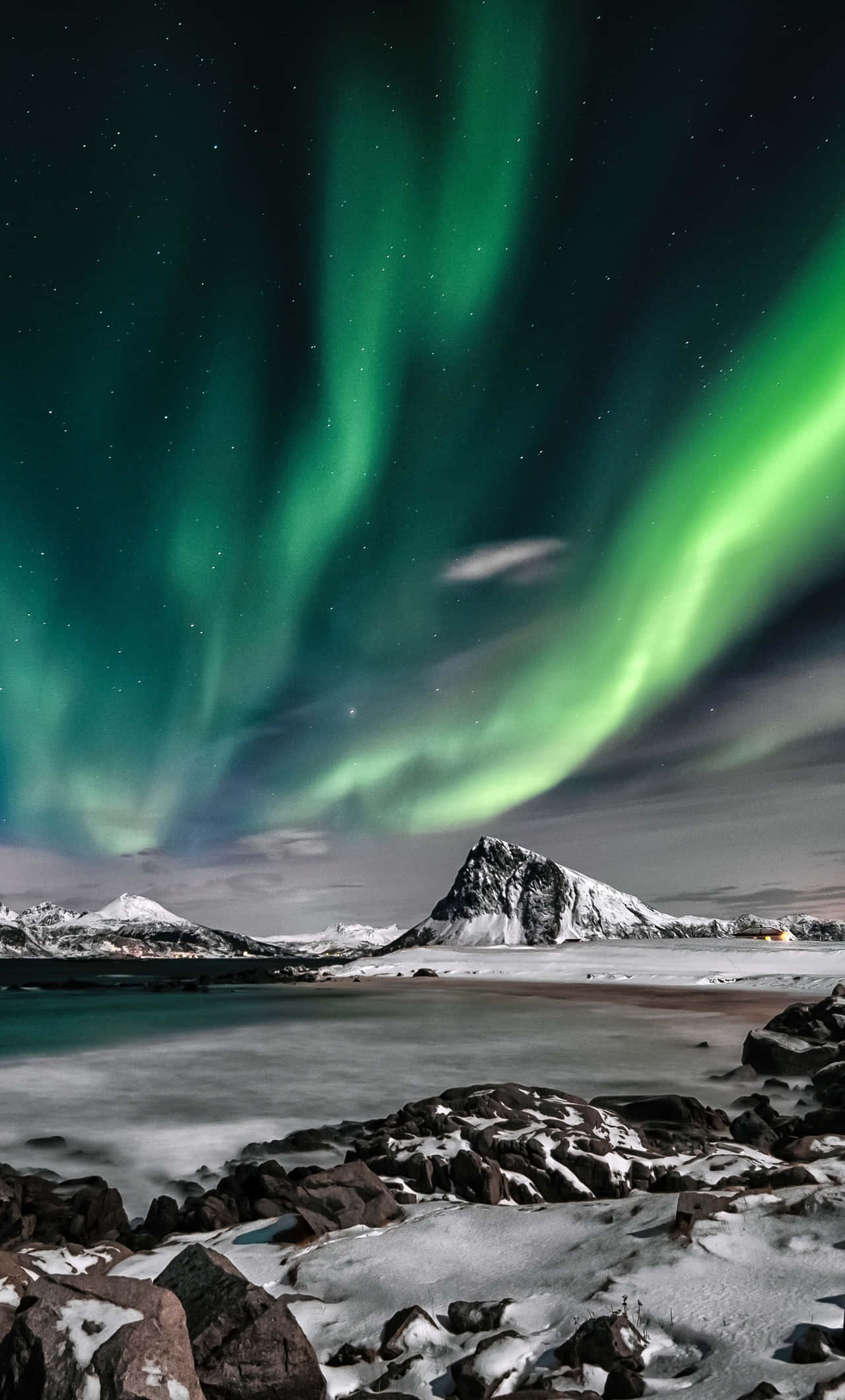 aurora borealis, starry night sky, snow-covered mountains, Full HD Phone Wallpaper