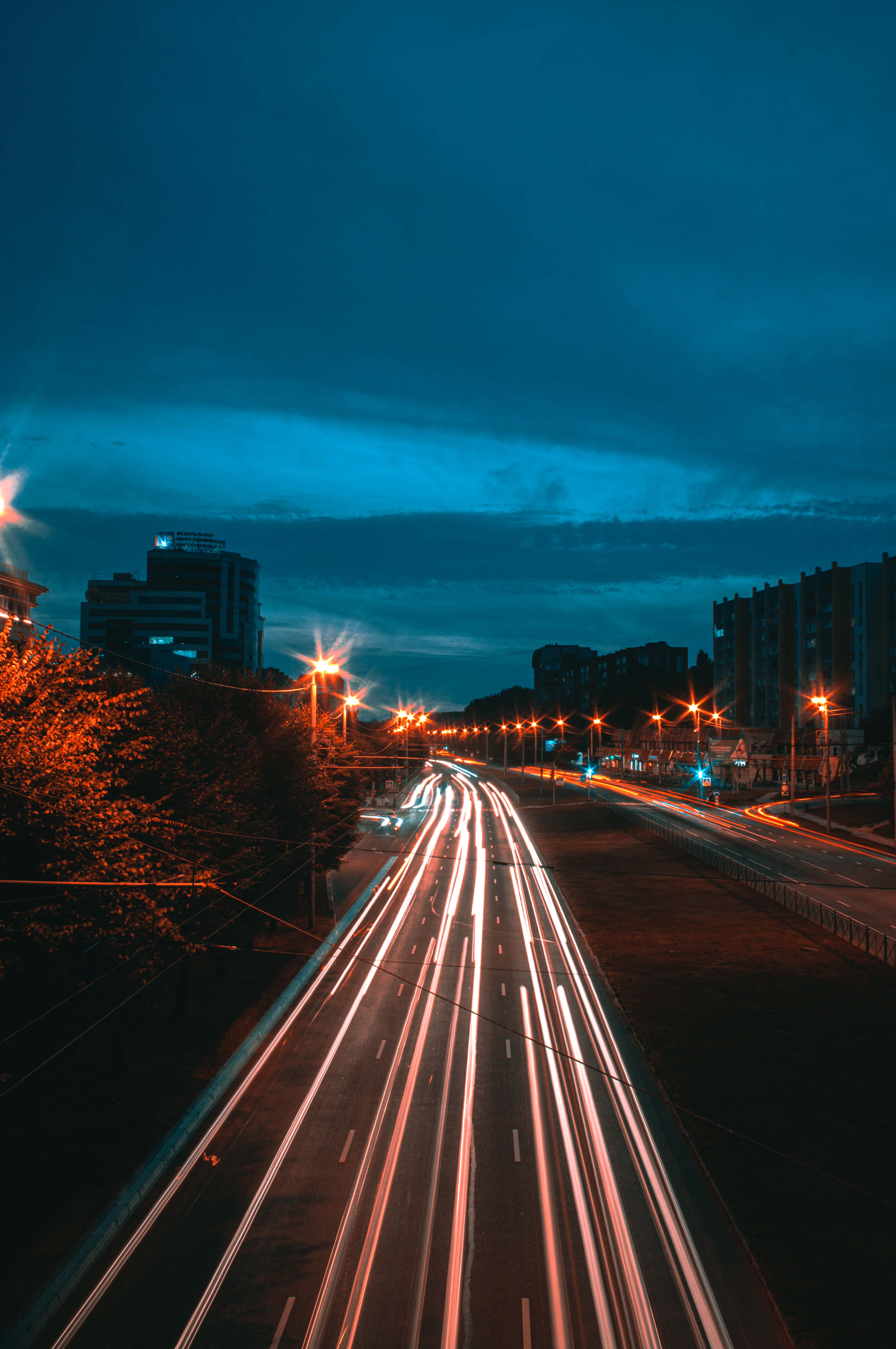 thunderstorm, city highway, glowing orange light trails, 4K Phone Wallpaper