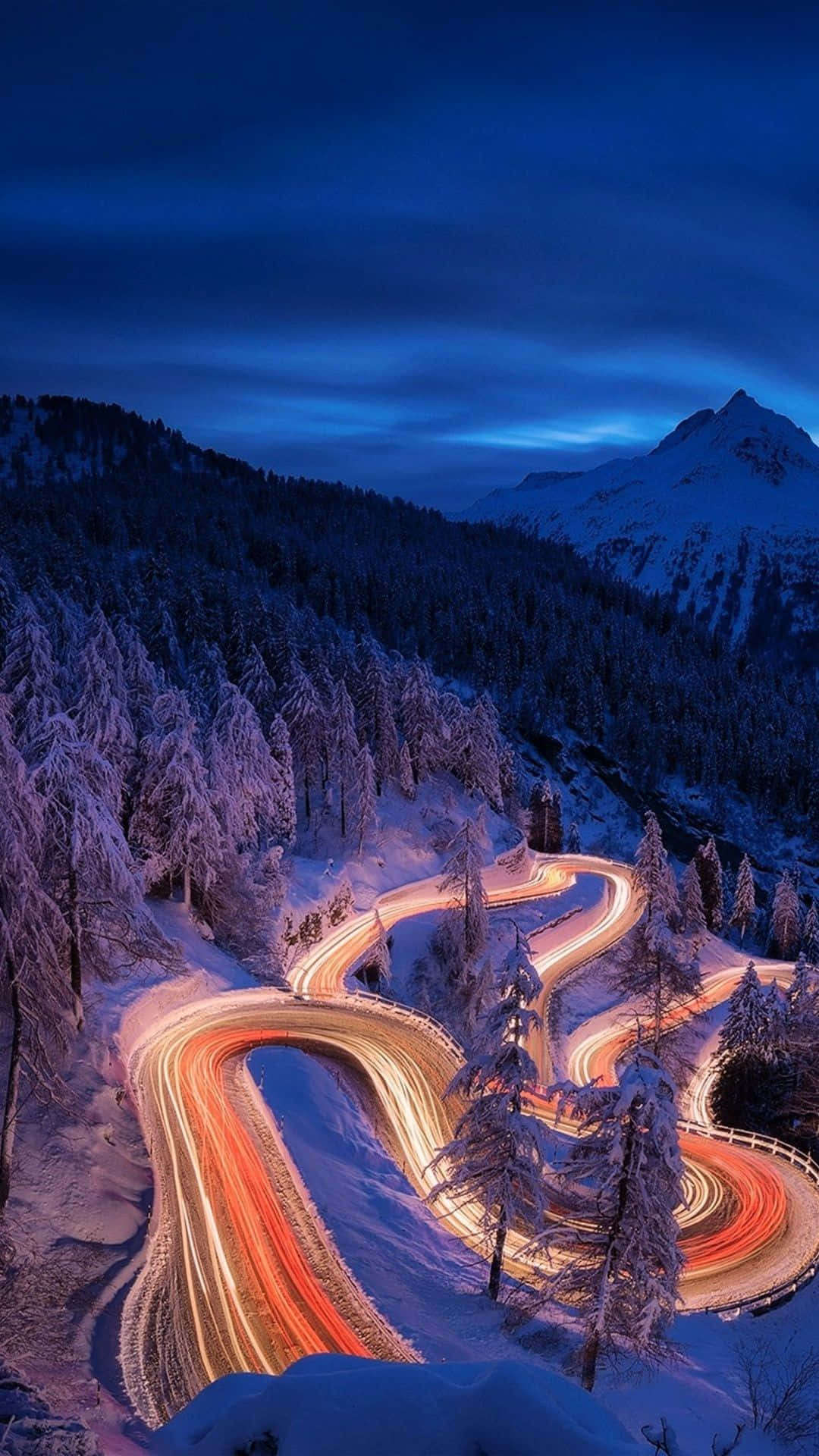 Time-lapse, twilight, snowy mountain road, Full HD Phone Wallpaper