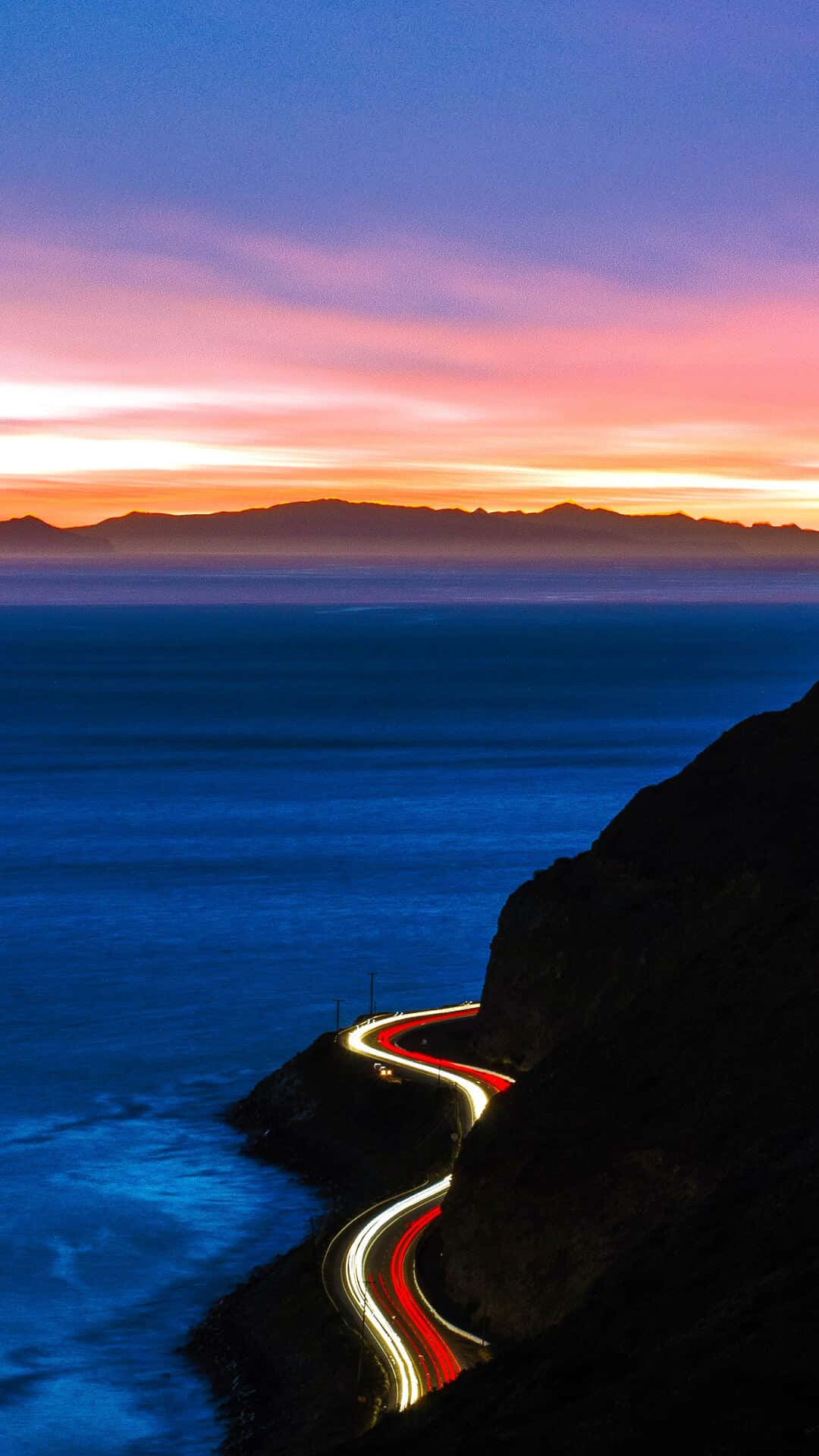 twilight, winding coastal road, glowing car lights, Full HD Phone Wallpaper