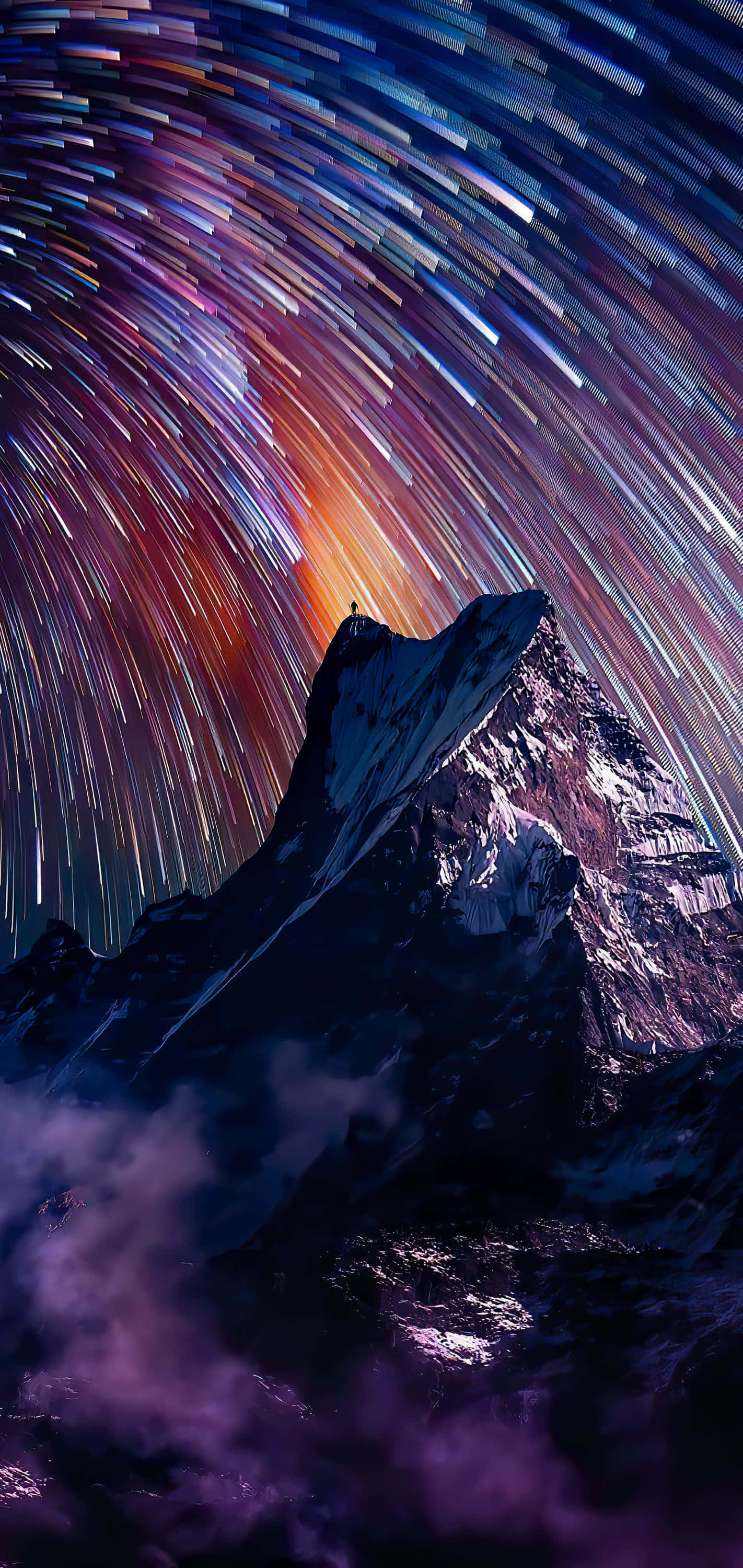 snowcapped mountain peak, vibrant star trails, twilight sky, 2K Phone Wallpaper