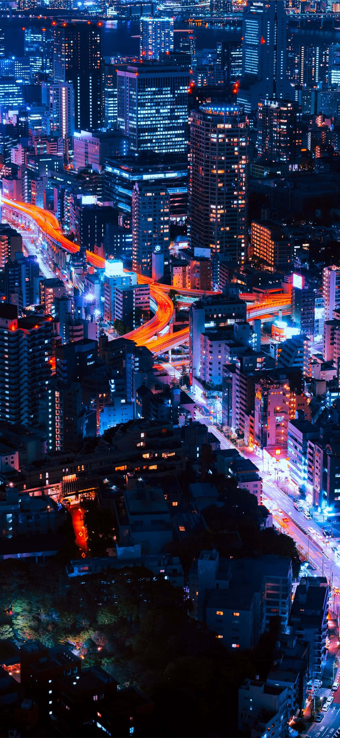 neon-lit cityscape, night, glowing orange highways, Full HD Phone Wallpaper