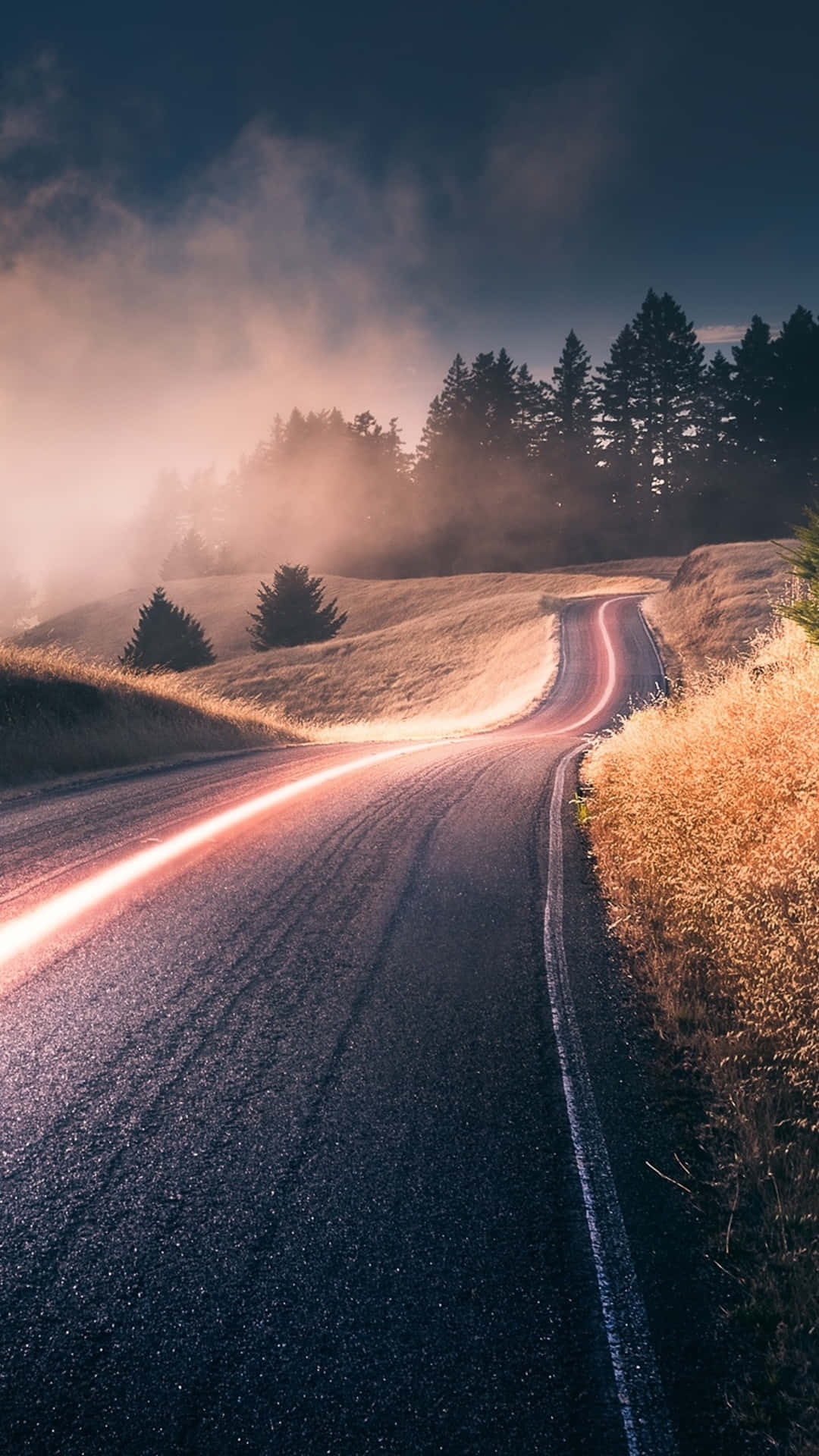 Time lapse, winding road, misty golden hills, Full HD Phone Wallpaper
