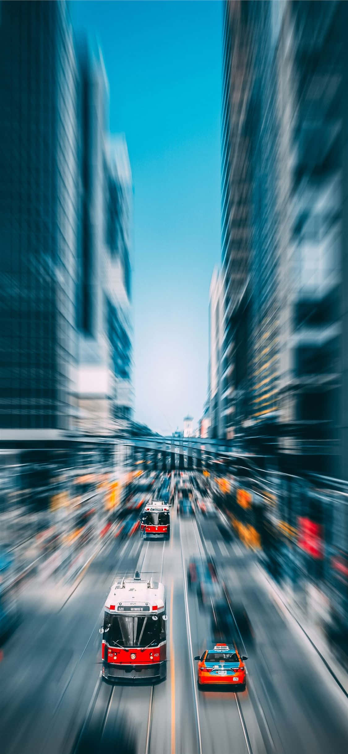 time lapse, red trams, cars, Full HD Phone Wallpaper