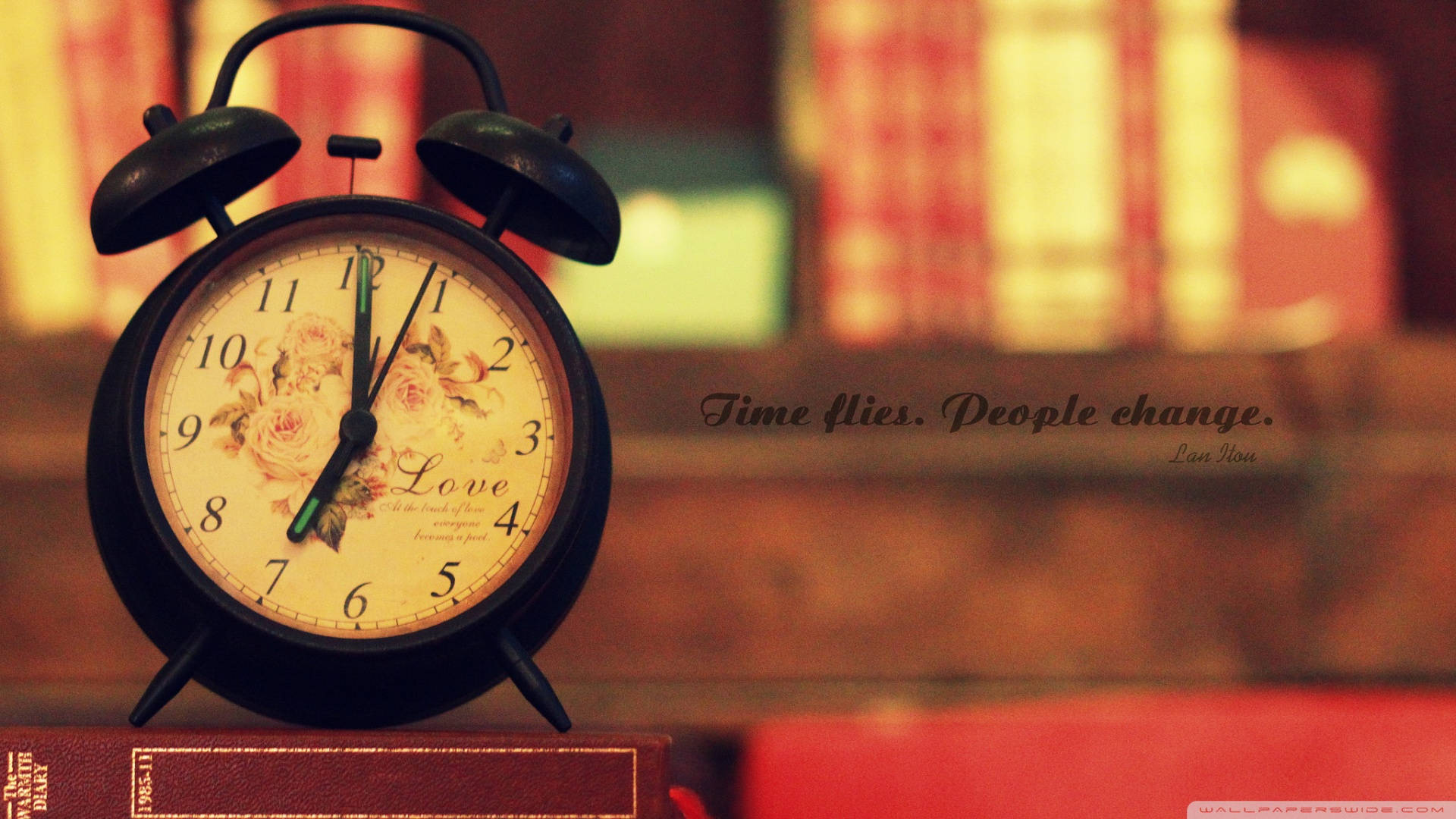 vintage black alarm clock, floral face, Love text, Full HD Desktop Wallpaper