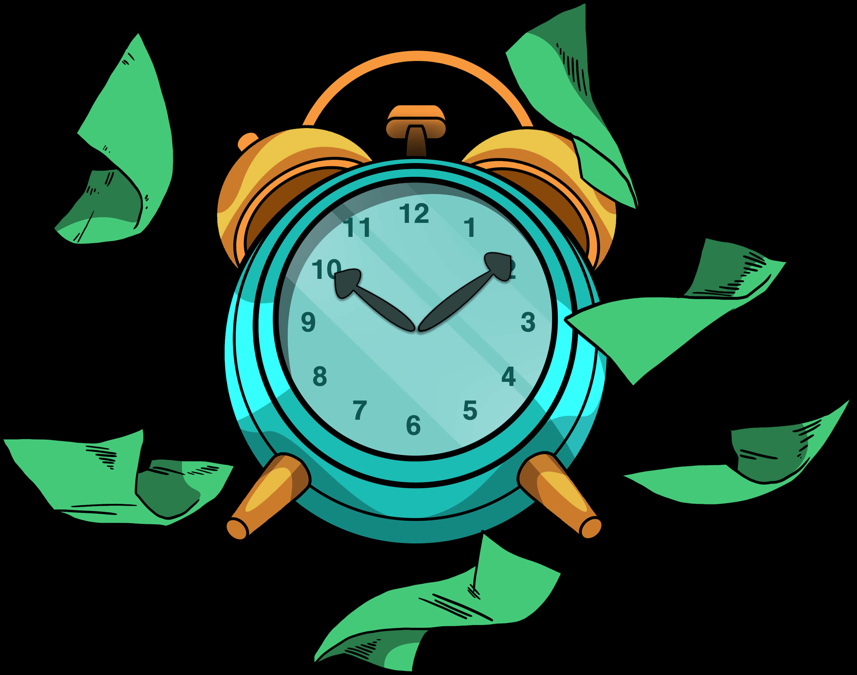 teal alarm clock, orange bells, floating green dollar bills, 2K Desktop Wallpaper