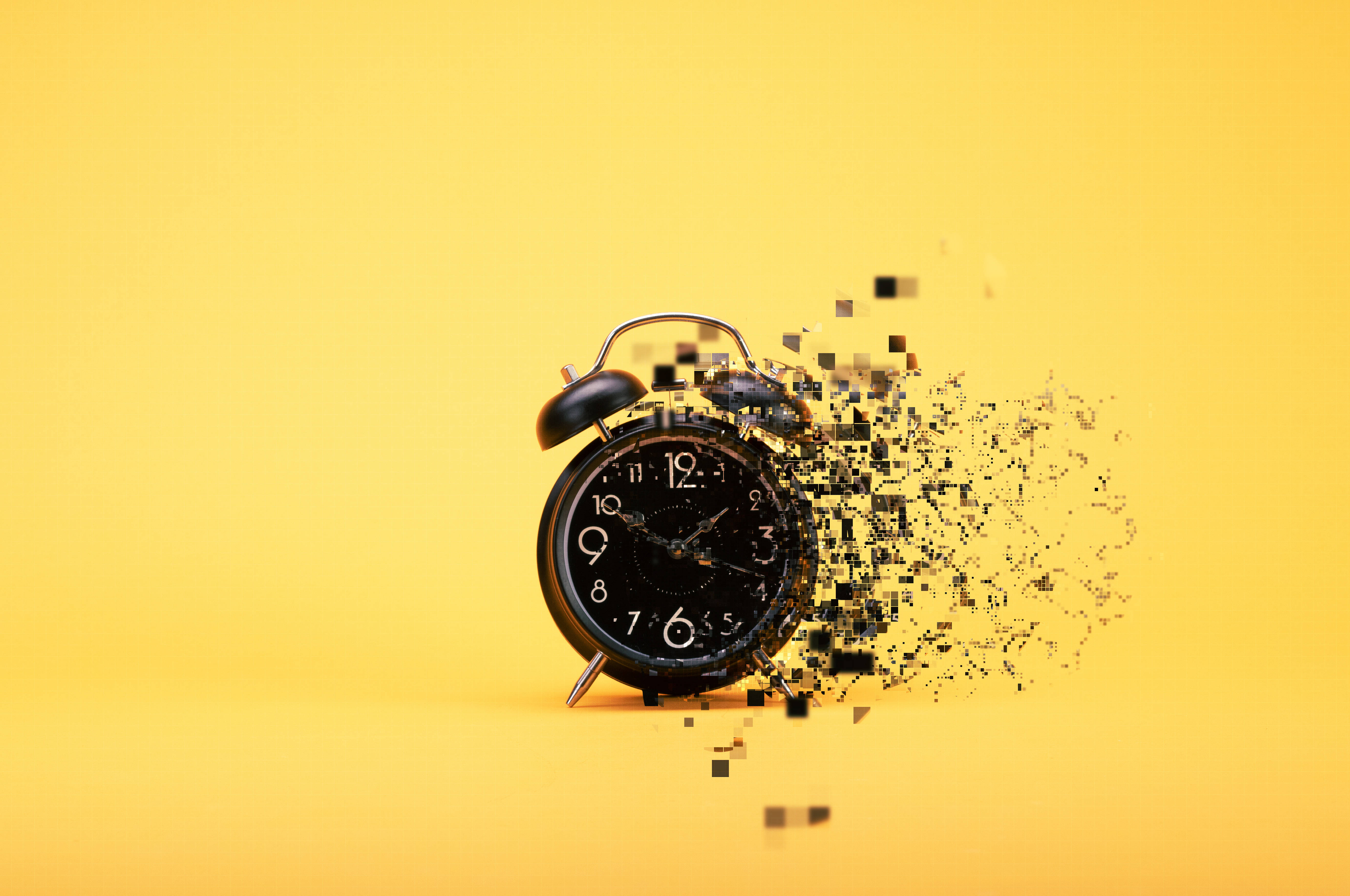 black vintage alarm clock, pixel fragments, solid yellow background, 5K Desktop Wallpaper