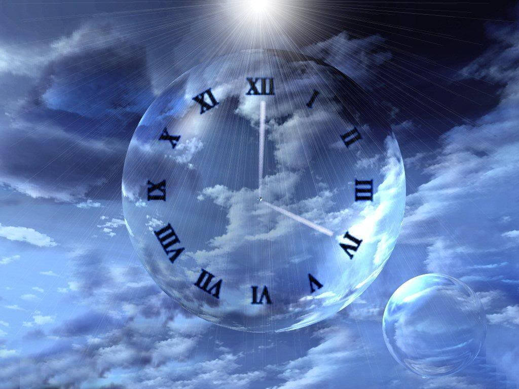 glass clock, Roman numerals, dramatic blue sky, SD Desktop Wallpaper