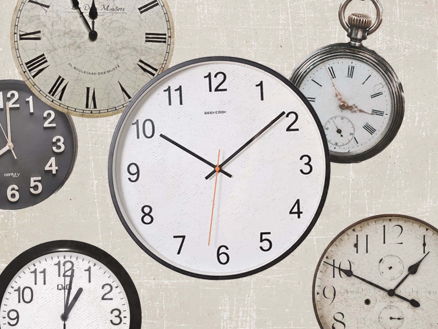 vintage clocks, textured off-white background, timeless passage of time, HD Desktop Wallpaper