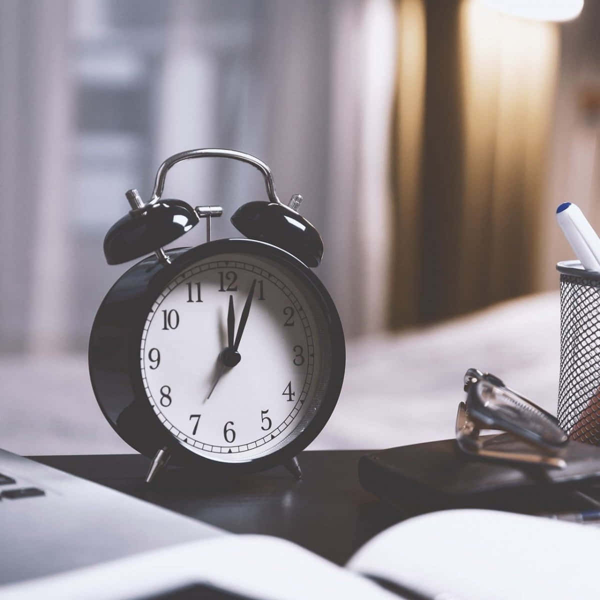 black alarm clock, desk, glasses, SD Desktop Wallpaper