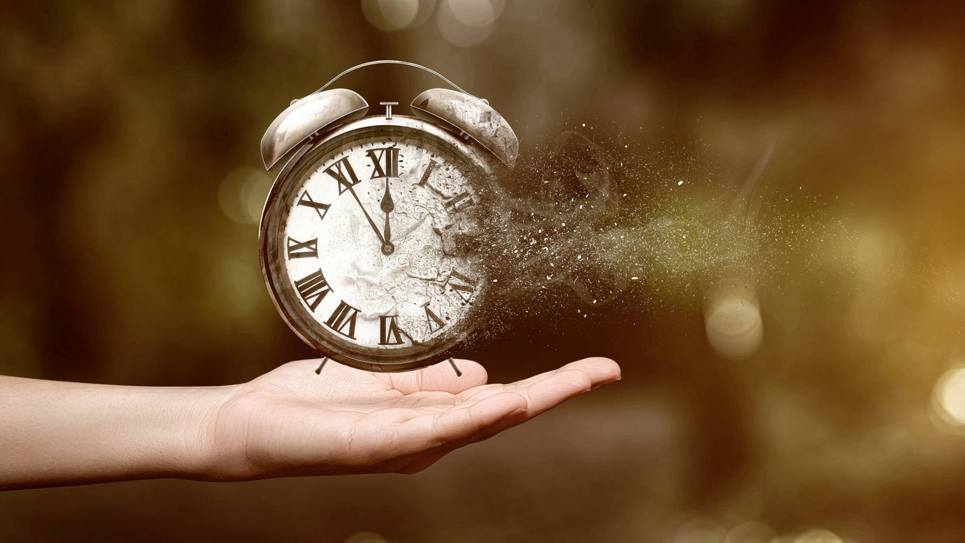 vintage alarm clock, golden dust, warm blurred background, Full HD Desktop Wallpaper