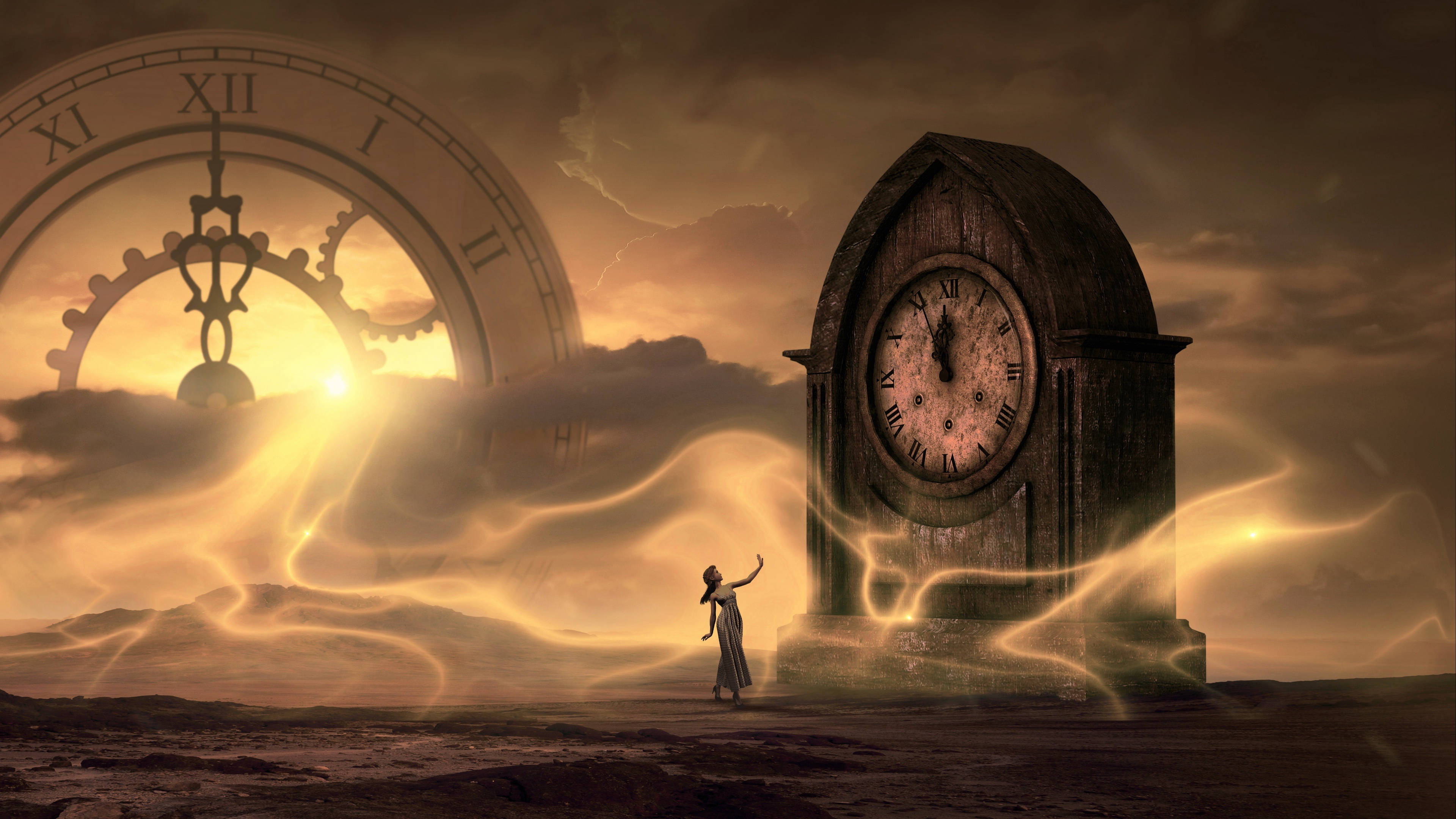 clock tower, sundown, giant clock, 4K Desktop Wallpaper
