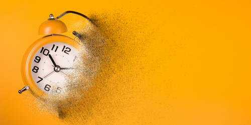 vintage yellow alarm clock, shatters into dust, vibrant orange background, SD Desktop Wallpaper