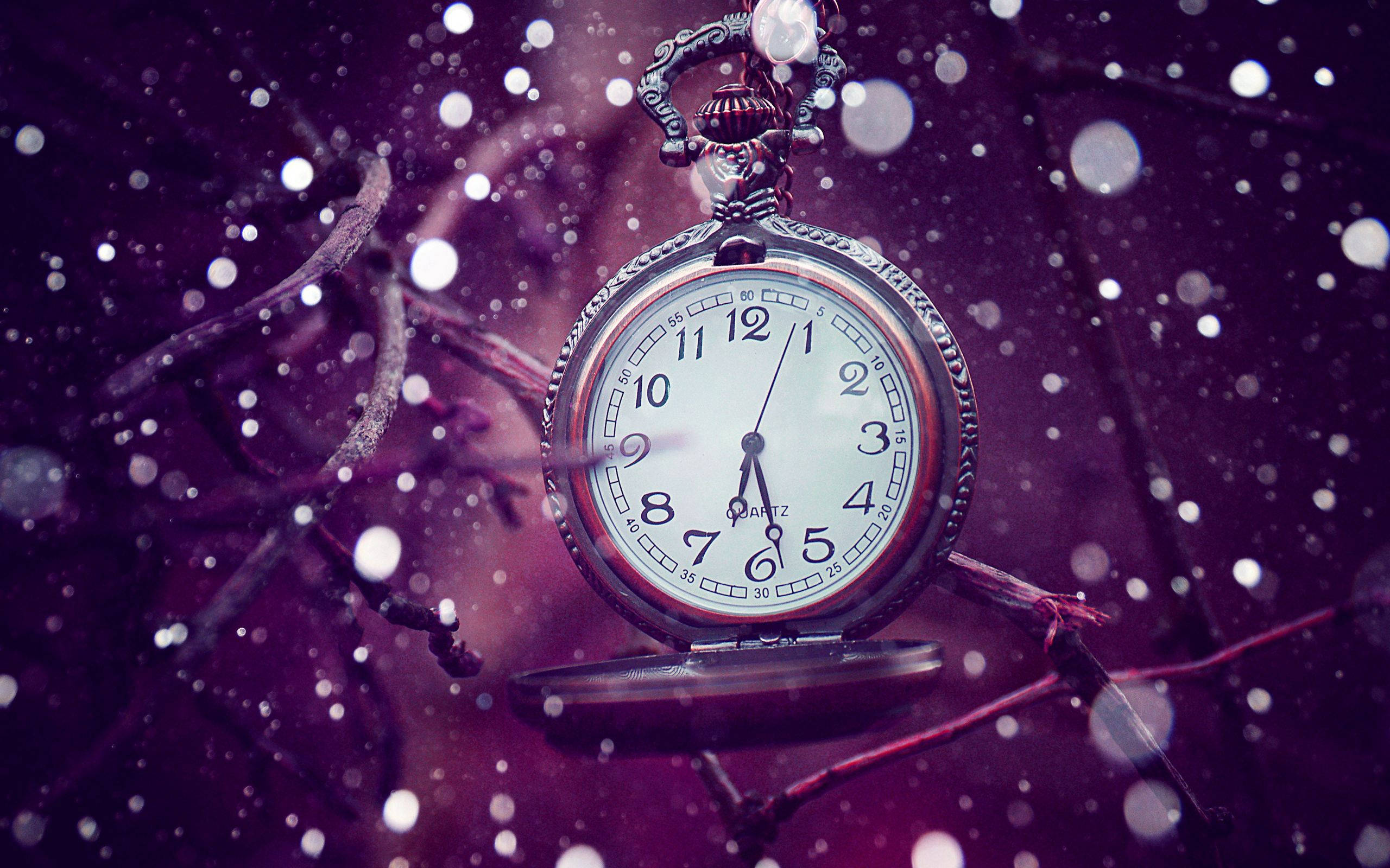 pocket watch, snowy branches, deep purple twilight sky, 2K Desktop Wallpaper