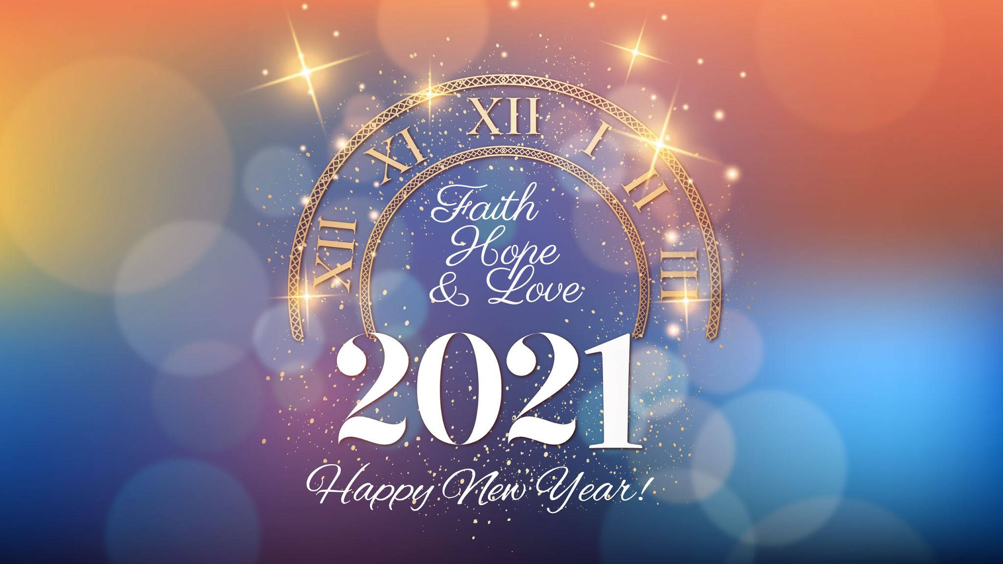 2021, Faith Hope & Love, sparkling golden clock, Full HD Desktop Wallpaper