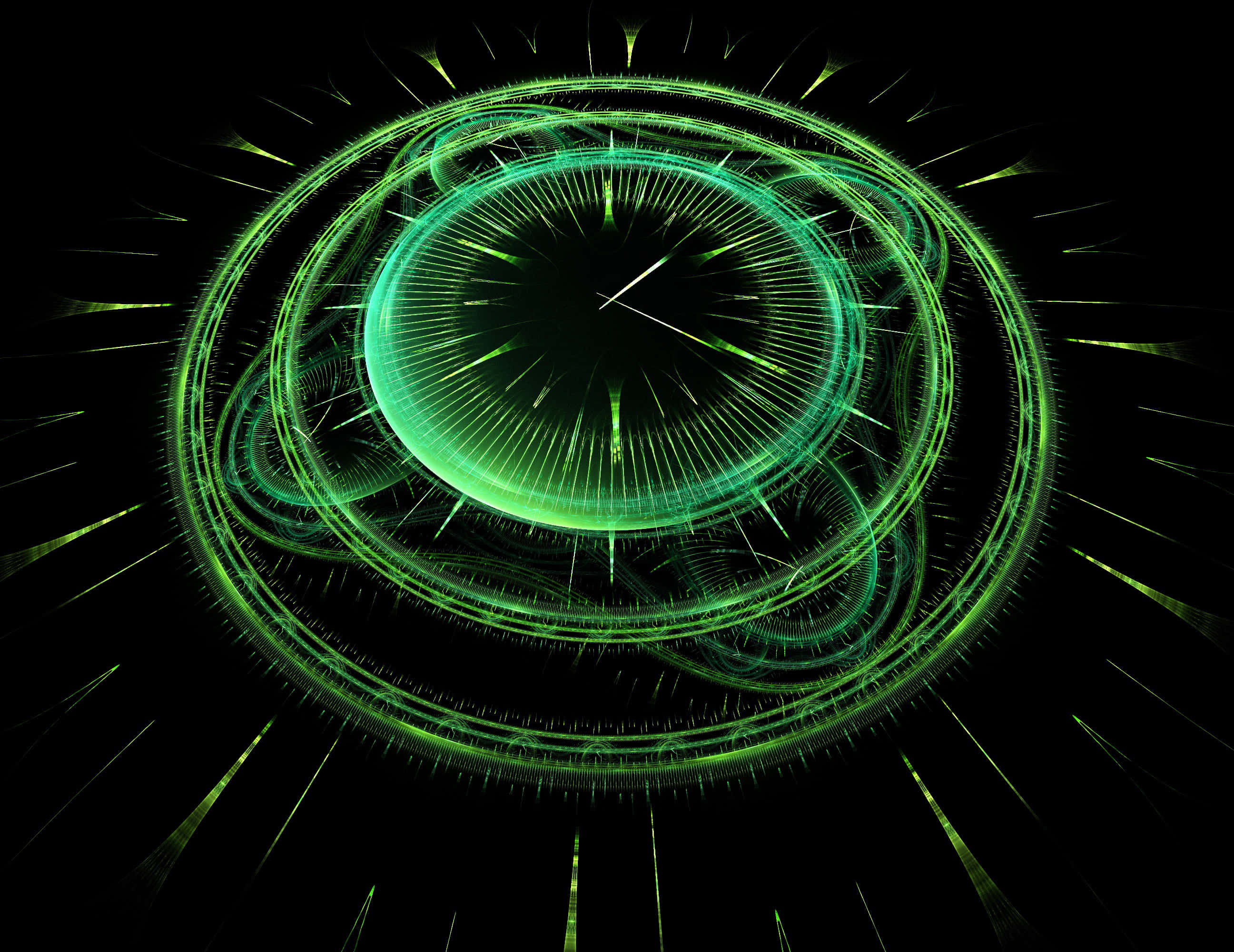 green glowing fractal clock, radiating lines, black void, 2K Desktop Wallpaper