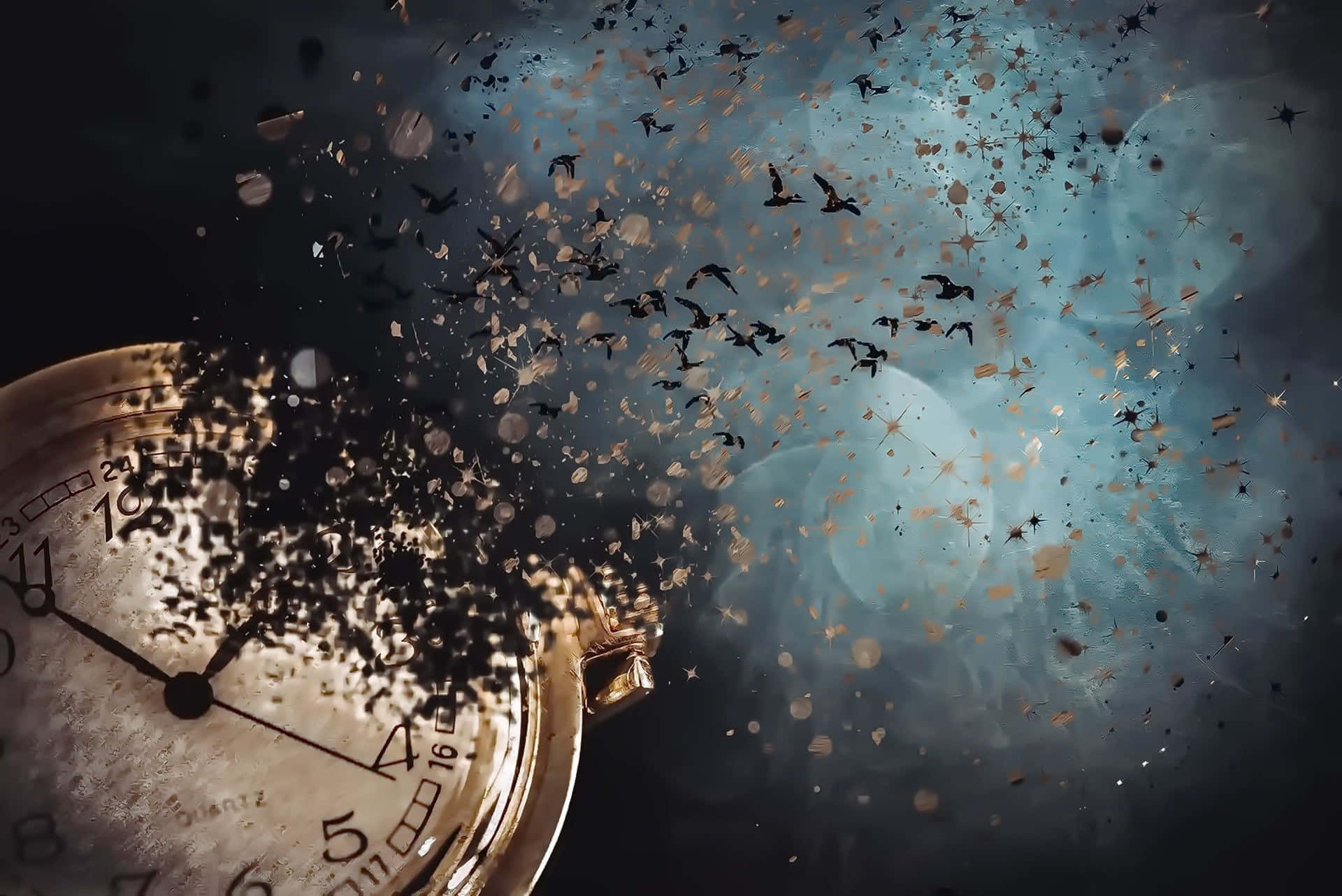 fading time clock, vintage clock, golden particles, Full HD Desktop Wallpaper