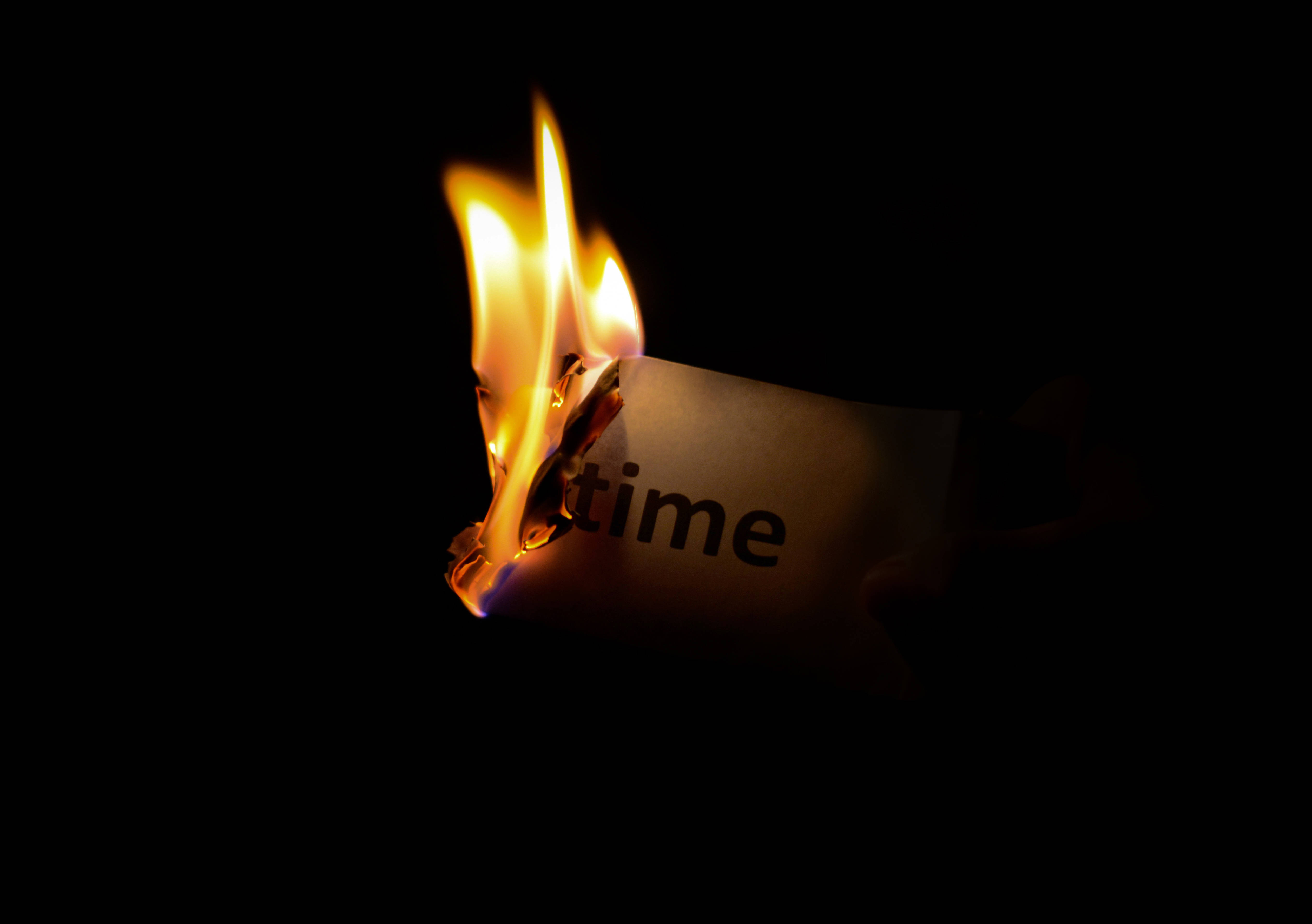 time, burning piece of paper, bright orange flames, 4K Desktop Wallpaper